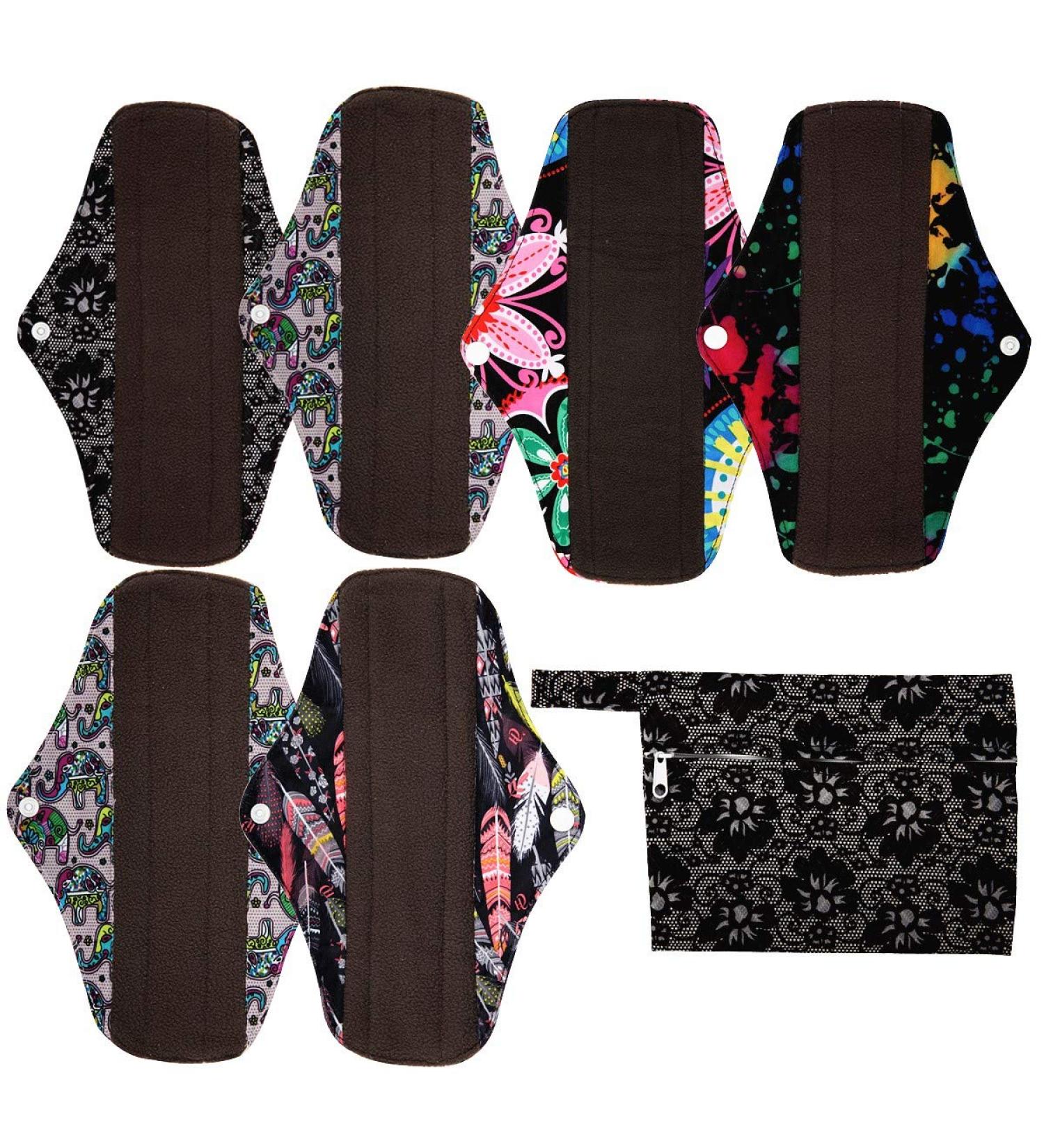 7pcs Set 1pc Mini Wet Bag +6pcs 10 Inch Regular Charcoal Bamboo Mama Cloth/Menstrual Pads/Reusable Sanitary Pads (Black Lace)