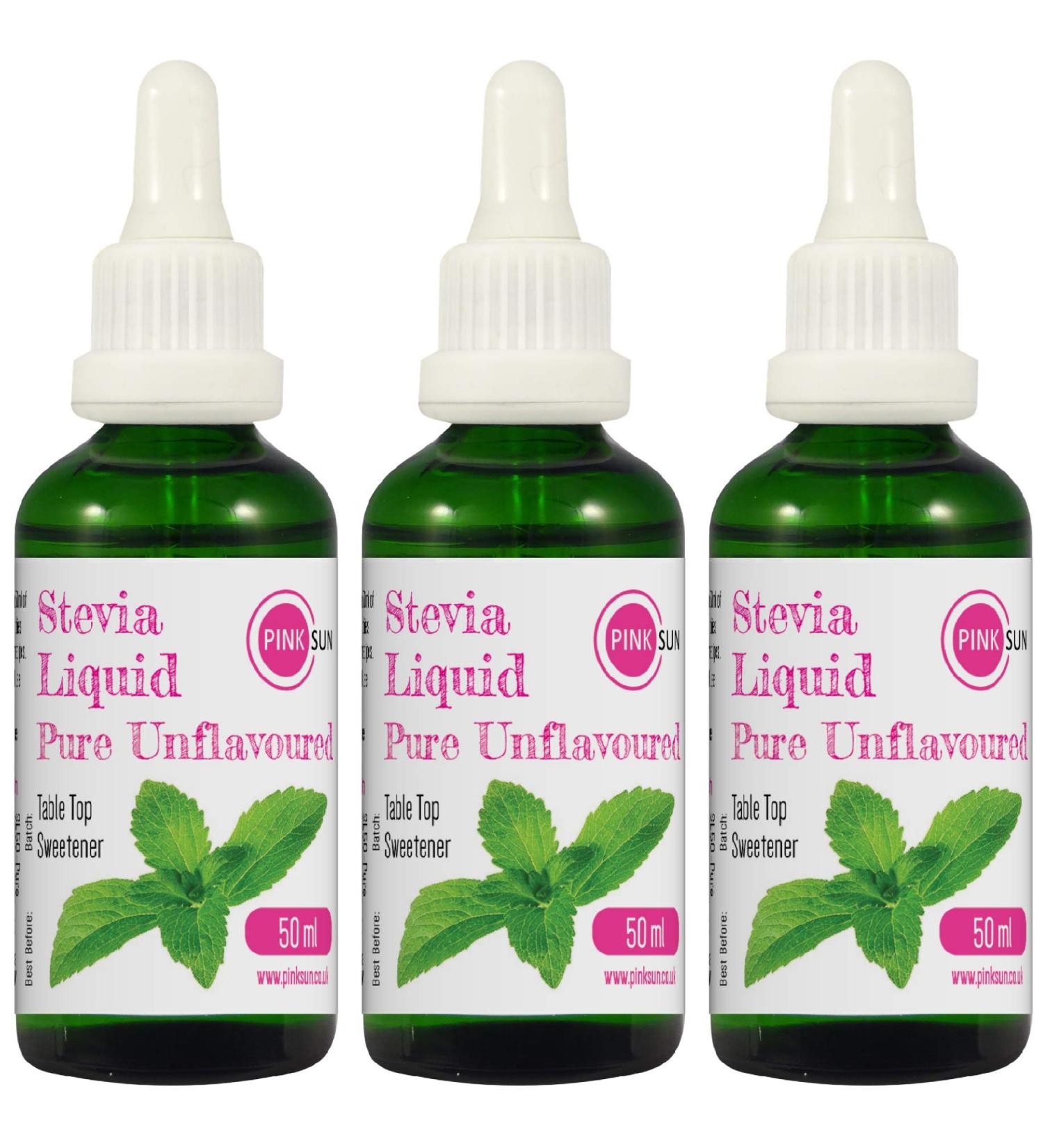 PINK SUN Stevia Liquid Pure Sweetener Drops 50ml Unflavoured x 3 Glass Dropper Bottles Neutral Natural Sugar Alternative Replacement Vegetarian Vegan Gluten Free Low Carb Non GM Zero Calories Bulk Pure Unflavoured x 3 - Buy Online on GoSupps.com