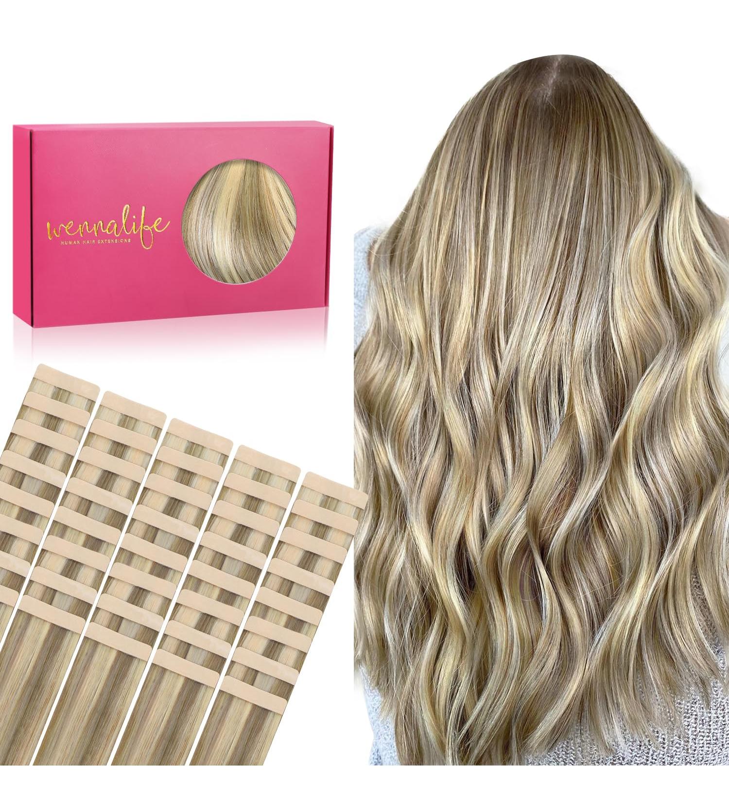 Premium Real Hair Extensions - 40 Pieces 100g 45.7cm Ash Brown & Golden Blonde Highlights - Invisible Glue-In Tape Extensions - Buy Online on GoSupps.com