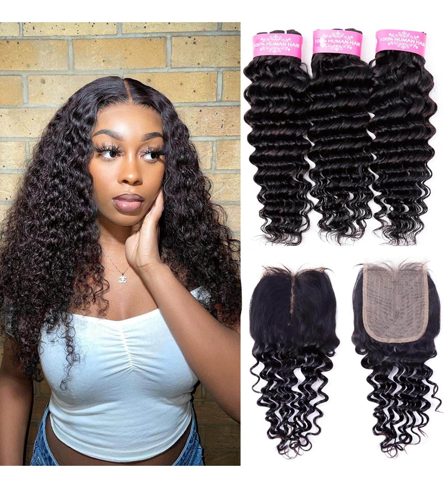 Odir Deep Wave Human Hair Bundles with T-Part Lace Closure - Brazilian Virgin Hair 3 Bundles + Closure Set (12 14 16 + 10 Inch) - Natural Color - Unprocessed 9A Curly Hair - Buy Online on GoSupps.com