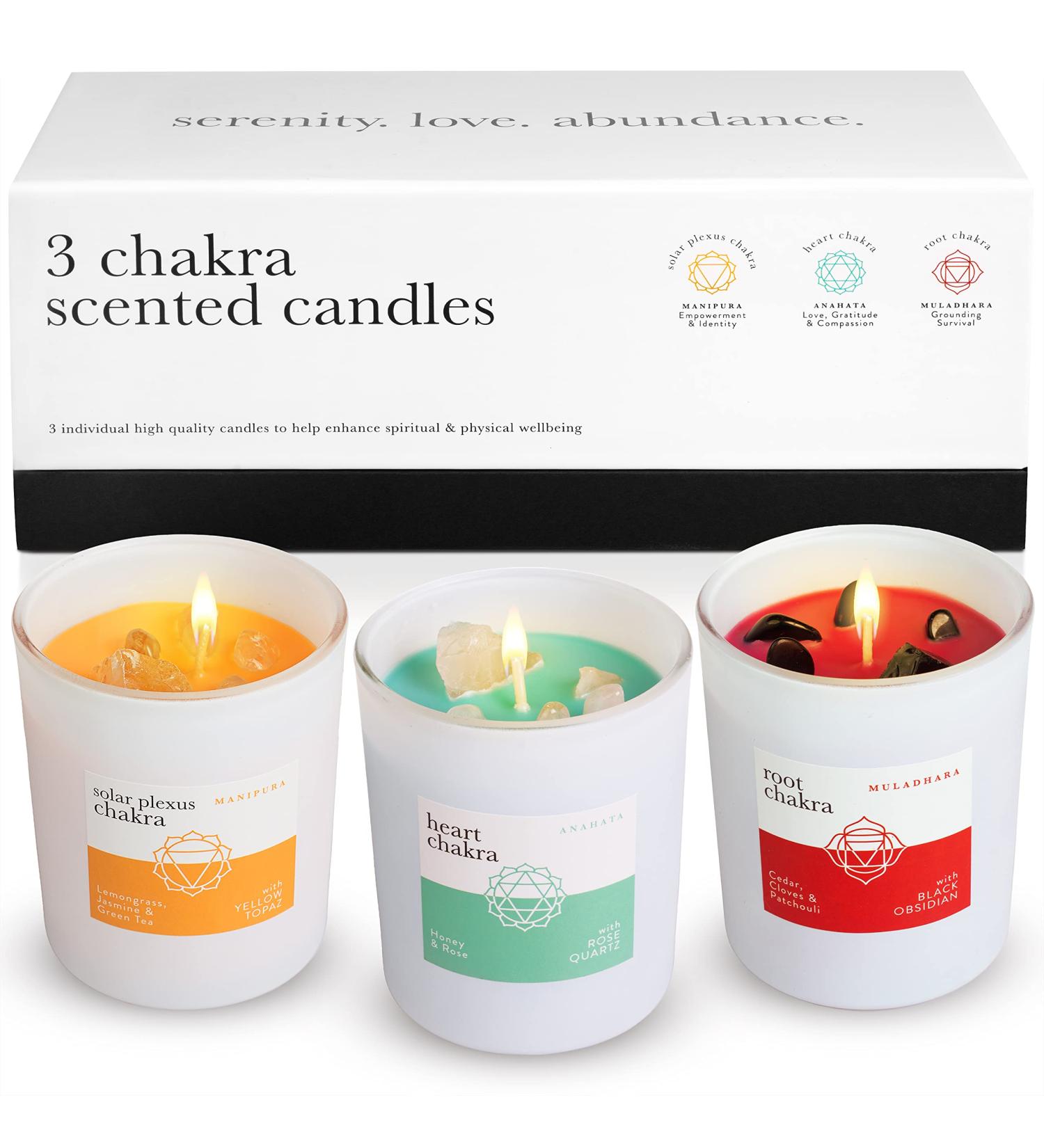 Chakra Abundance Candle Set of 3 with Crystals | Aromatherapy Meditation Yoga & Reiki Gifts | Mindfulness Candle Box - Buy Online on GoSupps.com