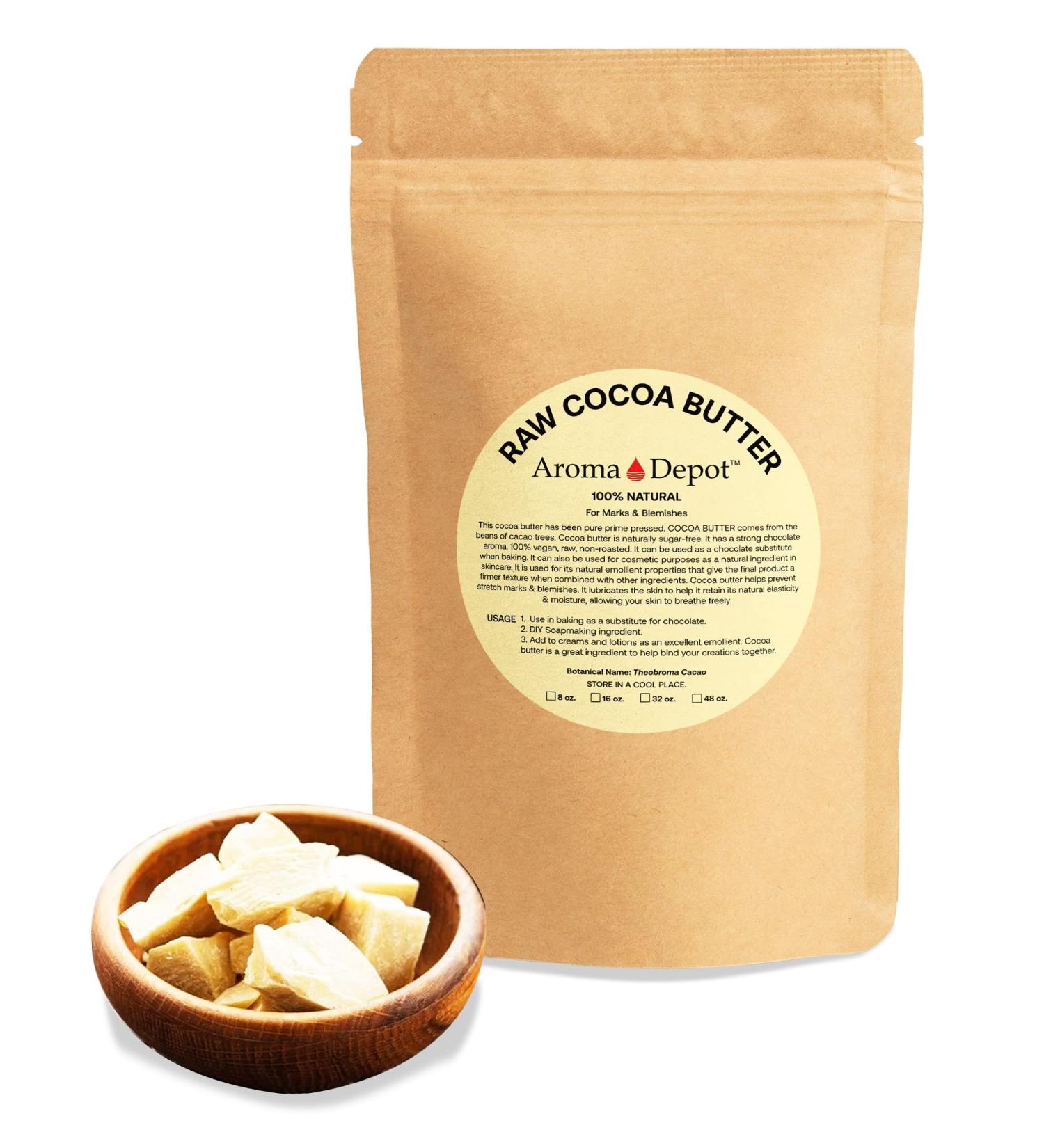 Aroma Depot Raw Cocoa Butter 8 oz - 100% Natural Unrefined for Skin, Body, Hair - DIY Body Butter, Lotions, Creams - Reduces Fine Lines, Wrinkles - Eczema, Psoriasis Relief - Buy Online on GoSupps.com