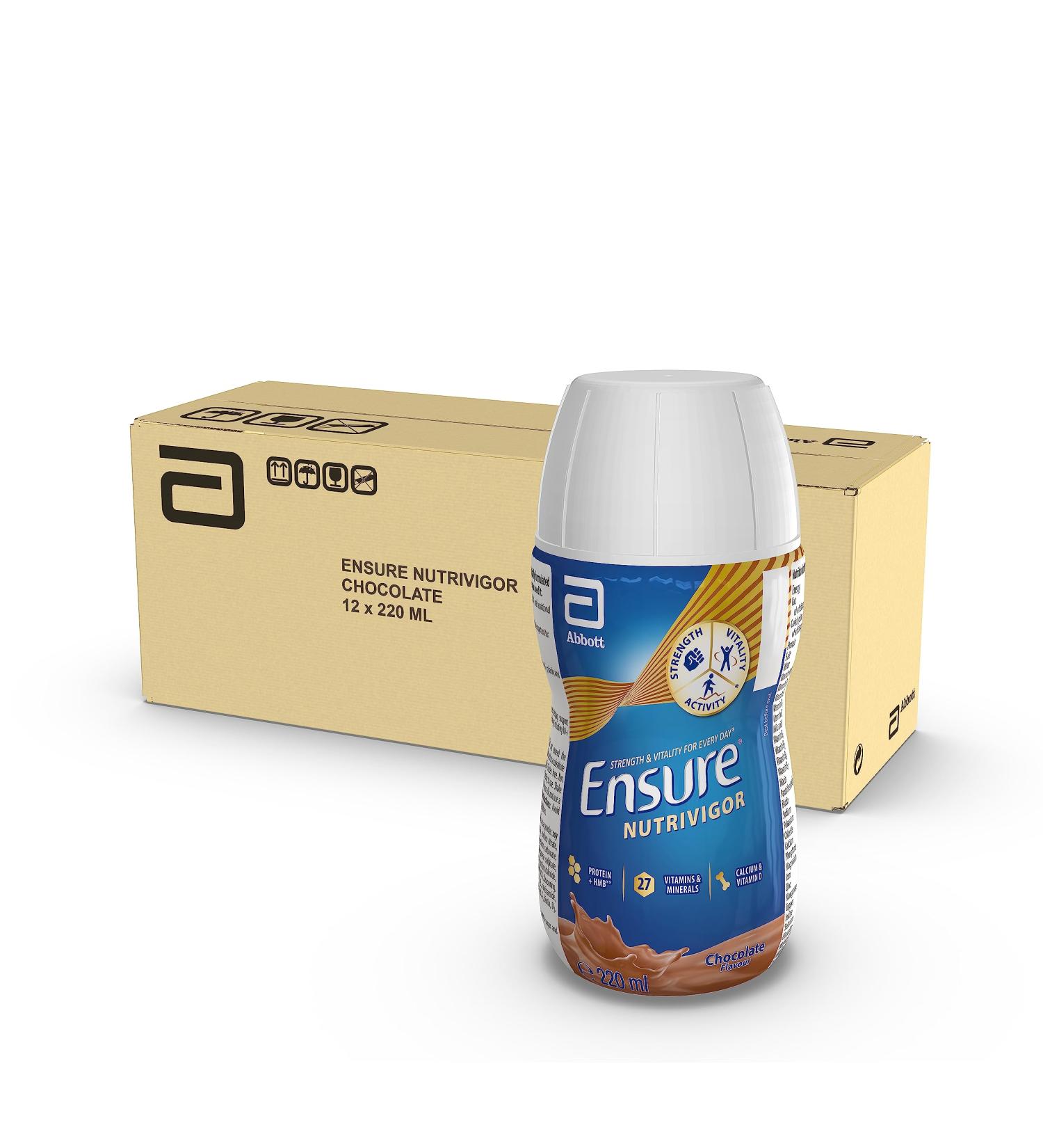 Ensure NutriVigor Nutritonal Shake 220ml x 12 Chocolate Flavour Support Strength Energy and Immunity|Food supplement with Protein 27 Vitamins and Minerals |With Vitamin D Vitamin C and Vitamin B Chocolate 220 ml (Pack of 12) - Buy Online on GoSupps.com