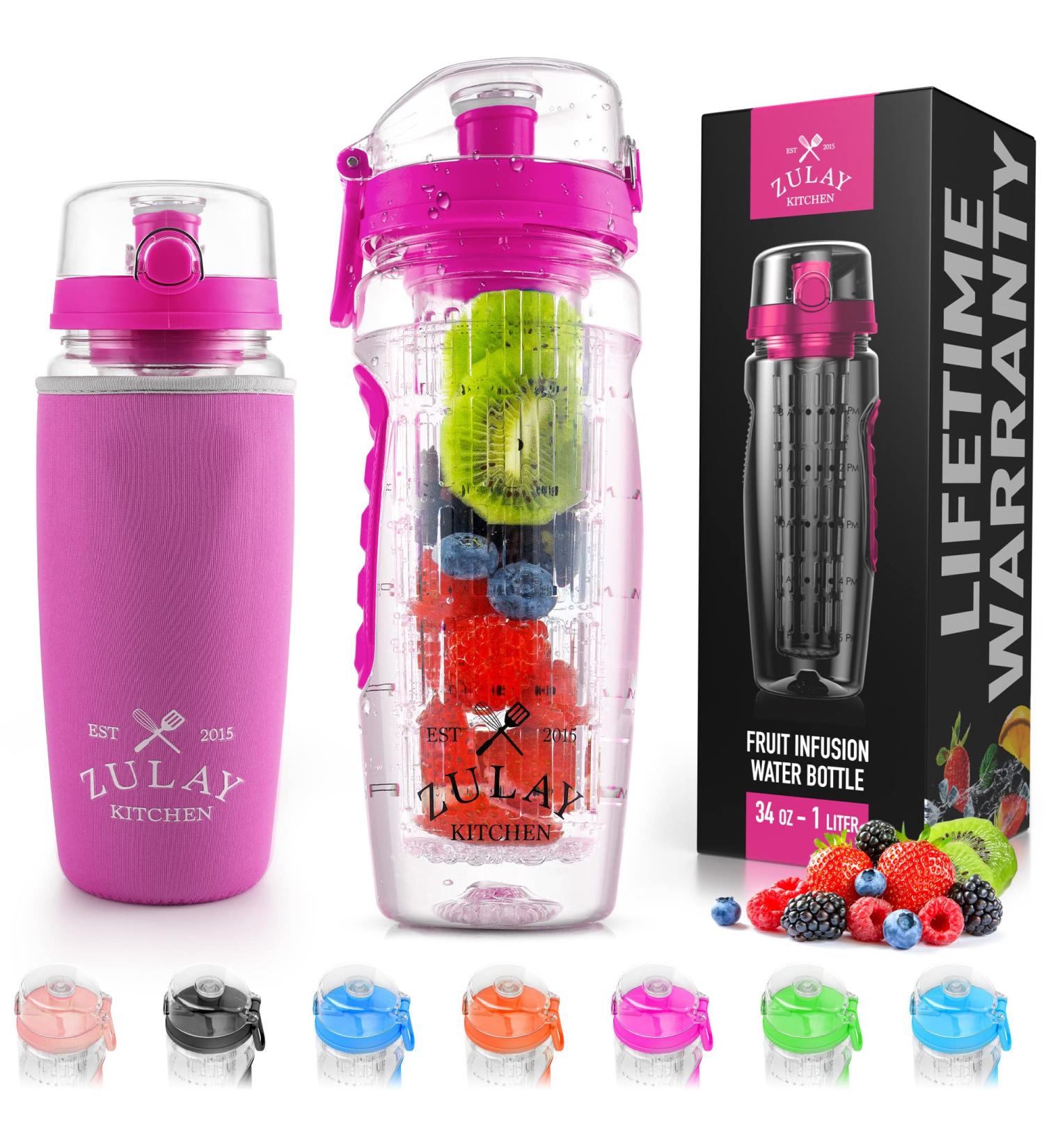 Zulay 34oz Fruit Infuser Water Bottle with Sleeve - Flamingo Pink - Anti-Slip Grip & Flip Top Lid - Infused Water Bottle for Women & Men - Buy Online on GoSupps.com