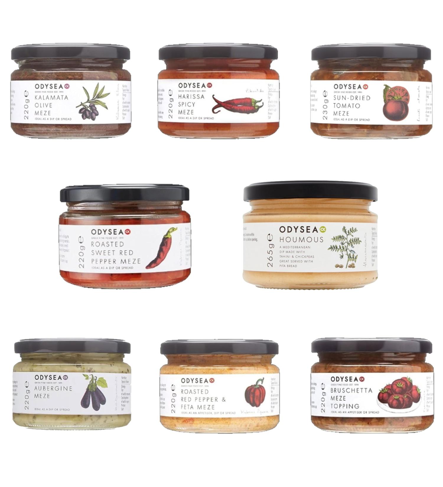 Odysea Meze Pick N Mix - Choose From 7 Flavours | Aubergine Red Pepper & Feta Kalamata Olive Sun Dried Tomato Brushshetta Roasted Red-Pepper Harissa Spicy - Pack of 2 - Buy Online on GoSupps.com