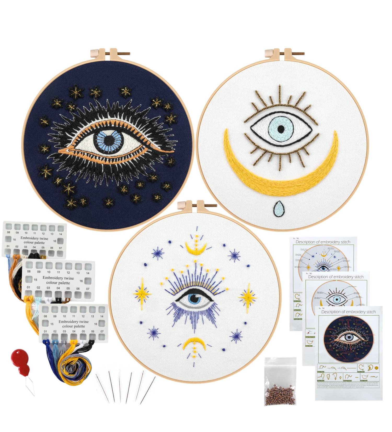 Anidaroel Evil Eye Embroidery Starter Kit - 3 Sets | Beginner Cross Stitch Kit for Adults with Embroidery Cloth, Hoops, Threads, and Needles - Buy Online on GoSupps.com
