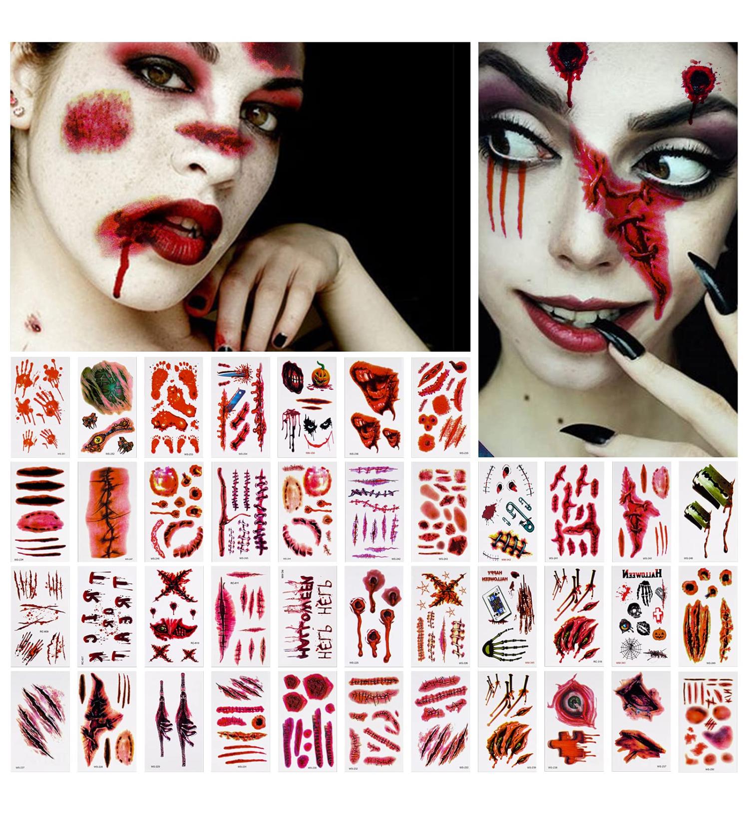 NiHome Halloween Horror Temporary Tattoo Set - 40 Realistic Fake Zombie Blood Wound Scar Decals for Costume Cosplay and Party Makeup - Buy Online on GoSupps.com