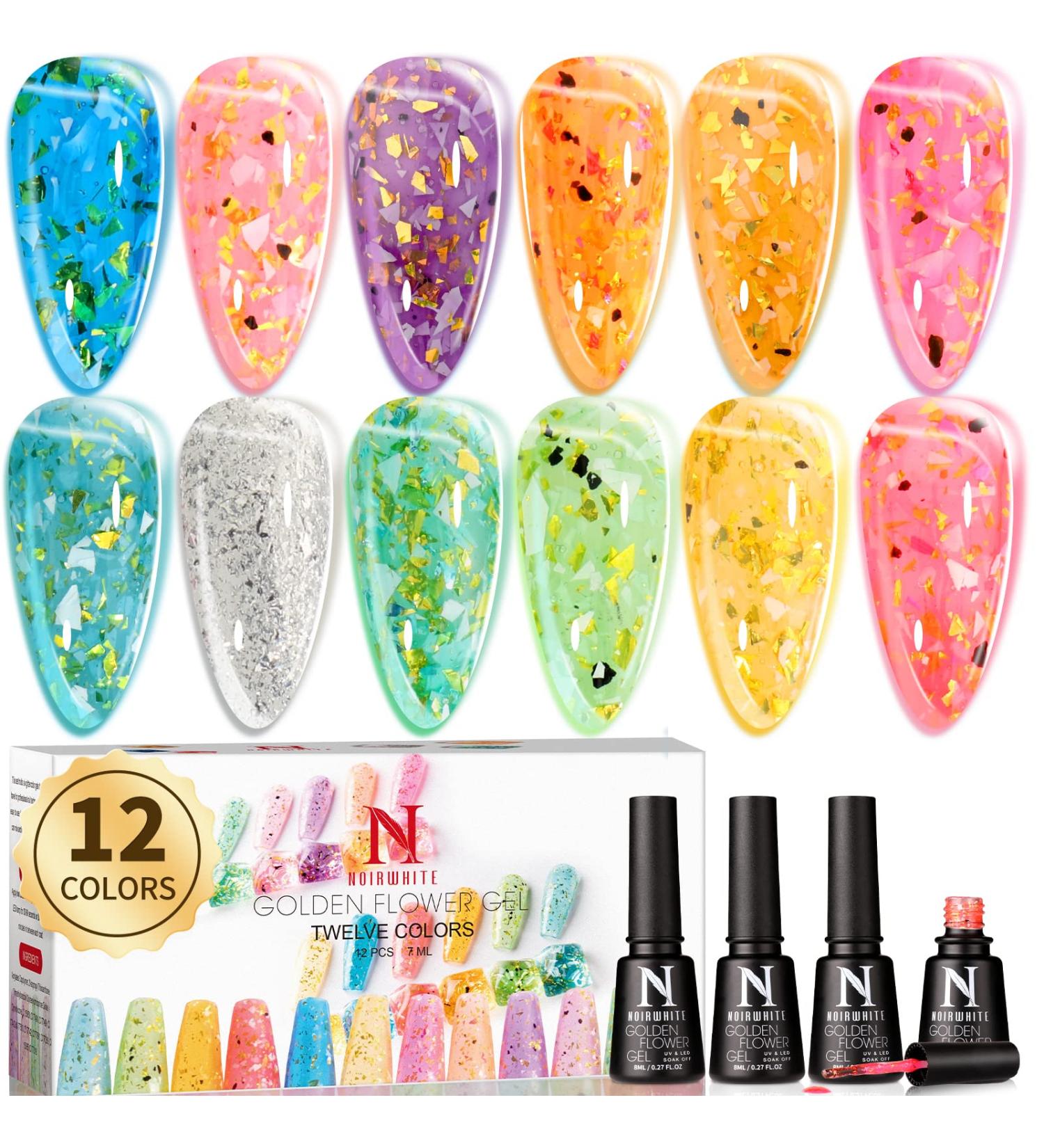 Noirwhite Glitter Gel Nail Polish Set - 12 Piece Chunky Sparkle Kit for UV LED Manicures - Gold Silver Blue Pink Transparent Jelly Colors - Soak Off Nail Lacquer Art Gift - Buy Online on GoSupps.com