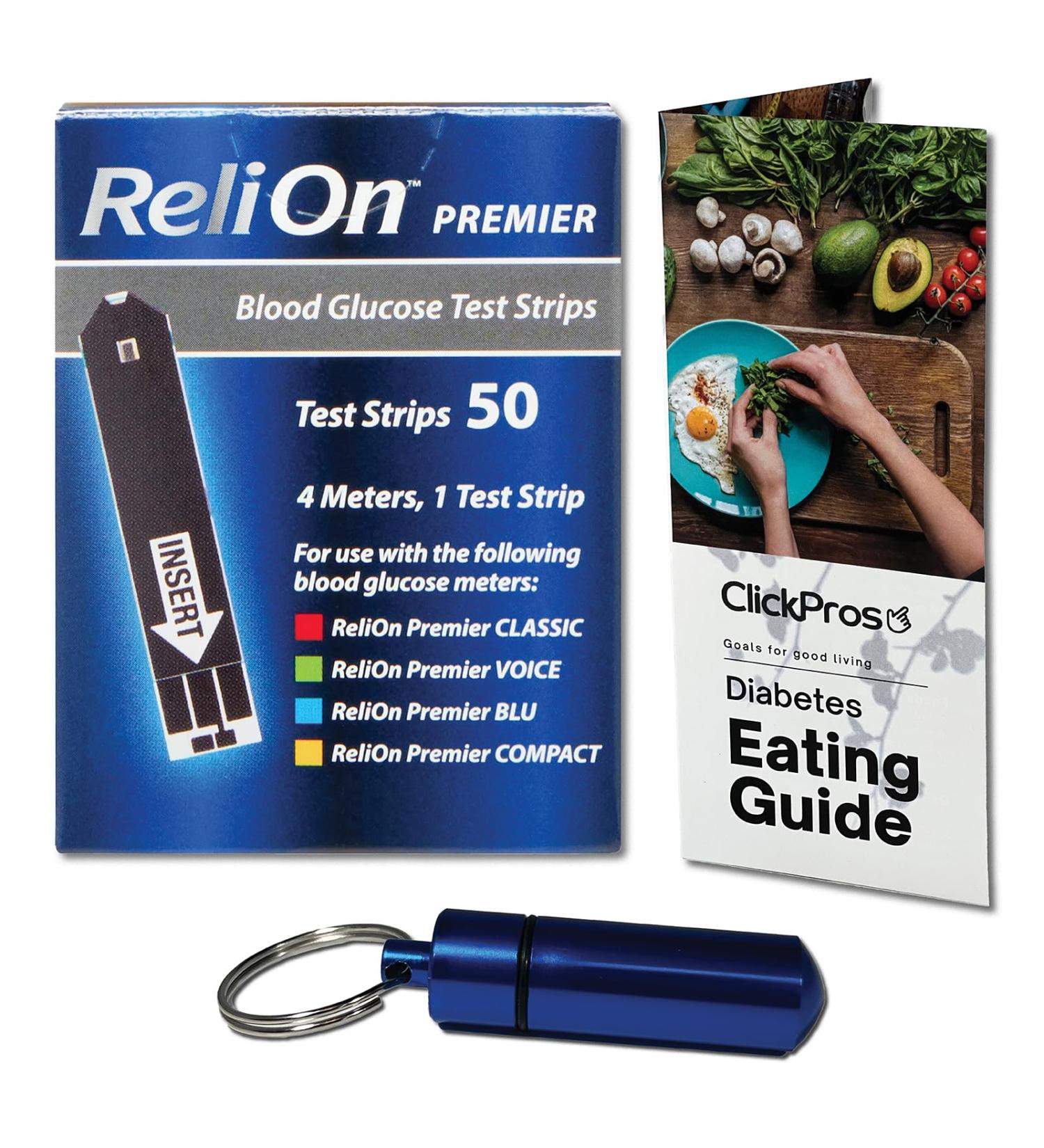 ReliOn Premier Blood Glucose Test Strips 50 Ct Bundle with Diabetes Eating Guide & Pill Container - 3 Item Set - Buy Online on GoSupps.com