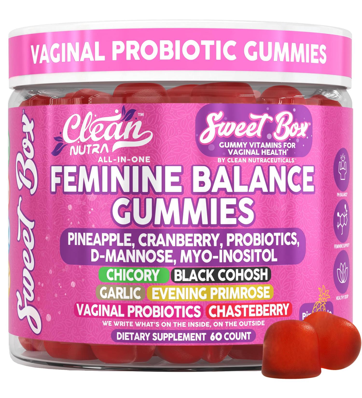 Clean Nutra Feminine Balance Gummies for Women Pineapple VaginalProbiotics pH Balance Cranberry D Mannose Supplement Inositol Black Cohosh Evening Primrose Garlic Vitex GLA Prebiotics Folate 60ct - Buy Online on GoSupps.com