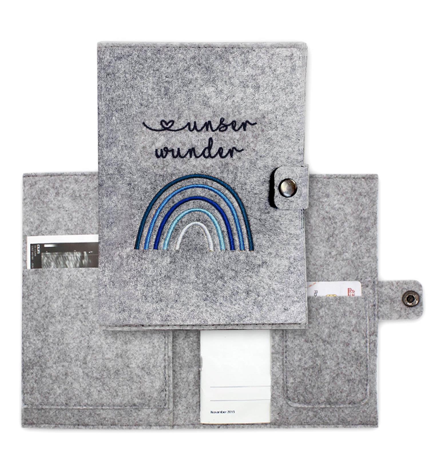Cozy Racoon Mother Pass Cover - Handcrafted Felt Rainbow Blue | Made in Germany | Ideal Gift for Expecting Moms with Pockets for Insurance Card & Ultrasound Images - Buy Online on GoSupps.com