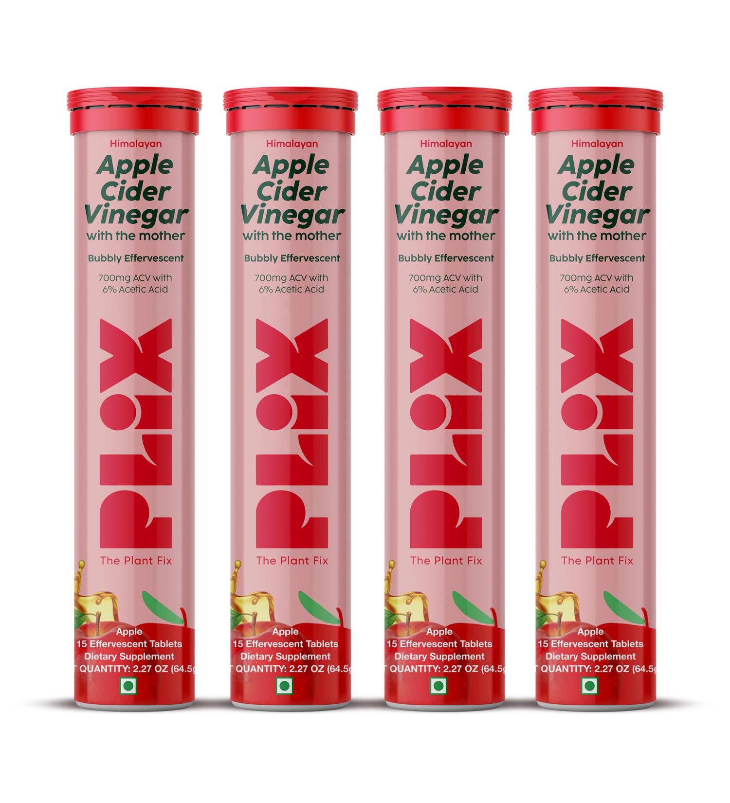 PLIX Apple Cider Vinegar Effervescent Tablets - 700mg ACV with Vitamin B12 & B6 | Vegan Sugar-Free Non-GMO Gluten-Free | 60 Tablets x 4 Packs - Buy Online on GoSupps.com