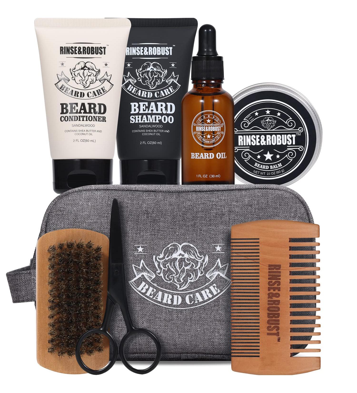 Beard Grooming Kit - 8Pcs Travel Set for Men with Beard Wash, Conditioner, Oil, Balm, Brush, Scissors | Holiday Gift Set - Buy Online on GoSupps.com