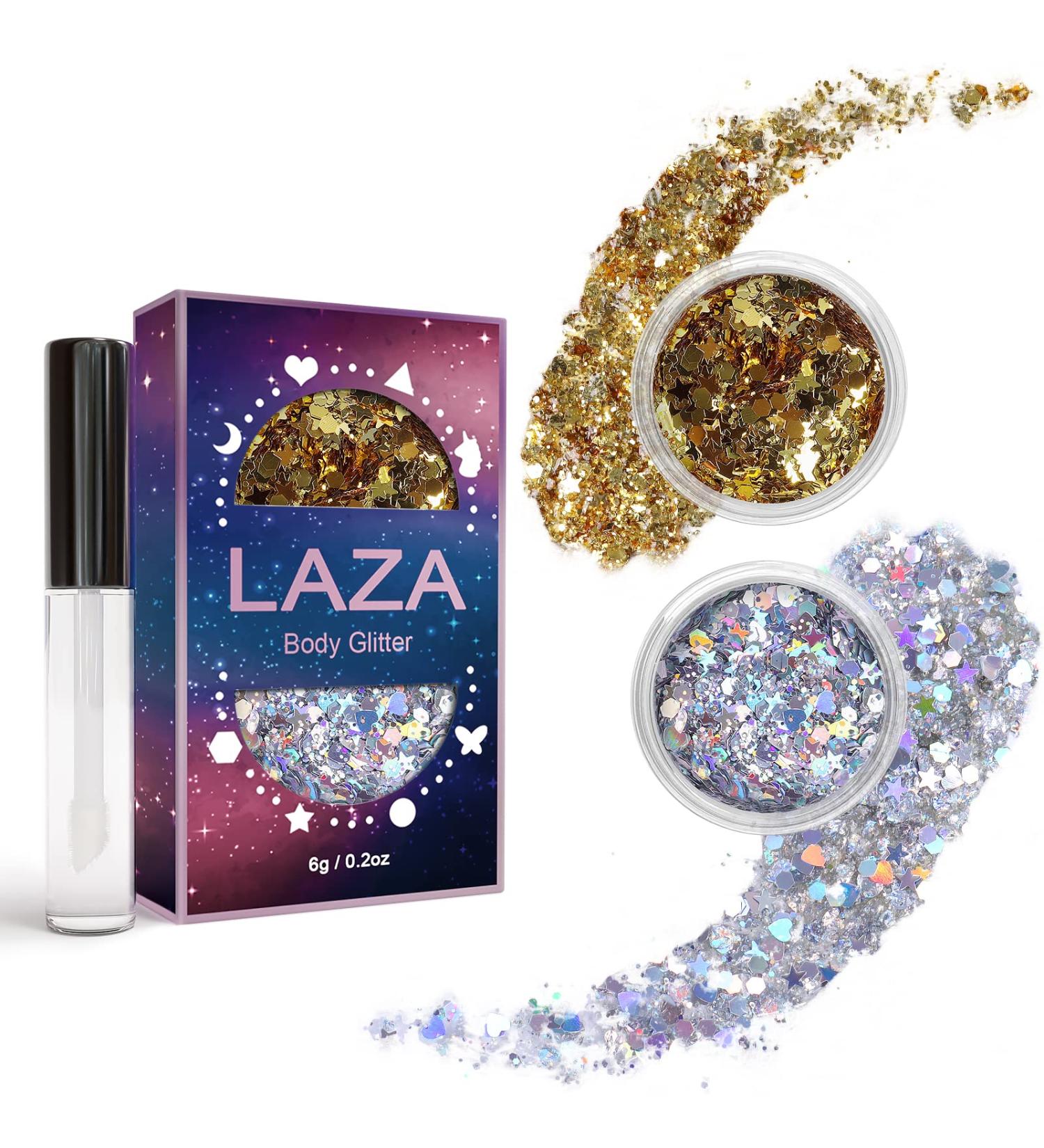 Laza Body Glitter - 2 Jars Holographic Chunky Sequins & Glitter Glue for Eyeshadow Face Paint & Festival Makeup - Perfect Gold & Silver Hair Accessories for Carnival & Rave Outfits - Buy Online on GoSupps.com