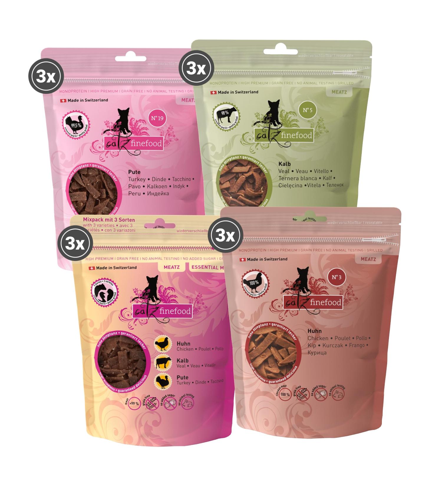 Catz Finefood MEZT Cat Snacks - Grain-Free Sugar-Free Crispy Meat Strips - 12 x 45g Variety Pack - Buy Online on GoSupps.com
