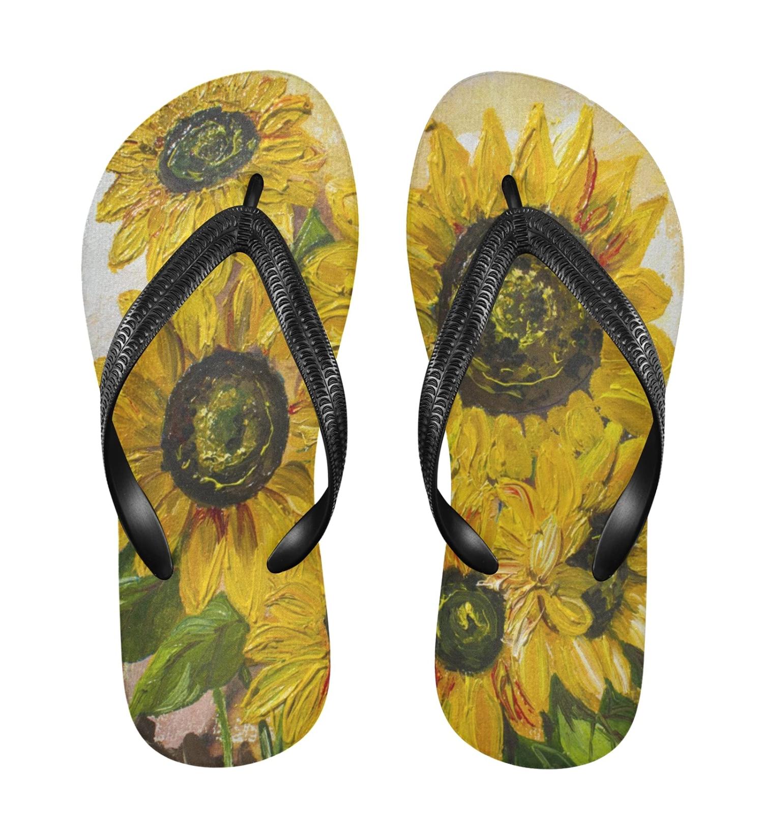 Buy Mnsruu Oil Painting Sunflower Flip Flop Sandals | Stylish Home Slippers for Men & Women - Perfect for Travel Spa & Relaxation - Buy Online on GoSupps.com