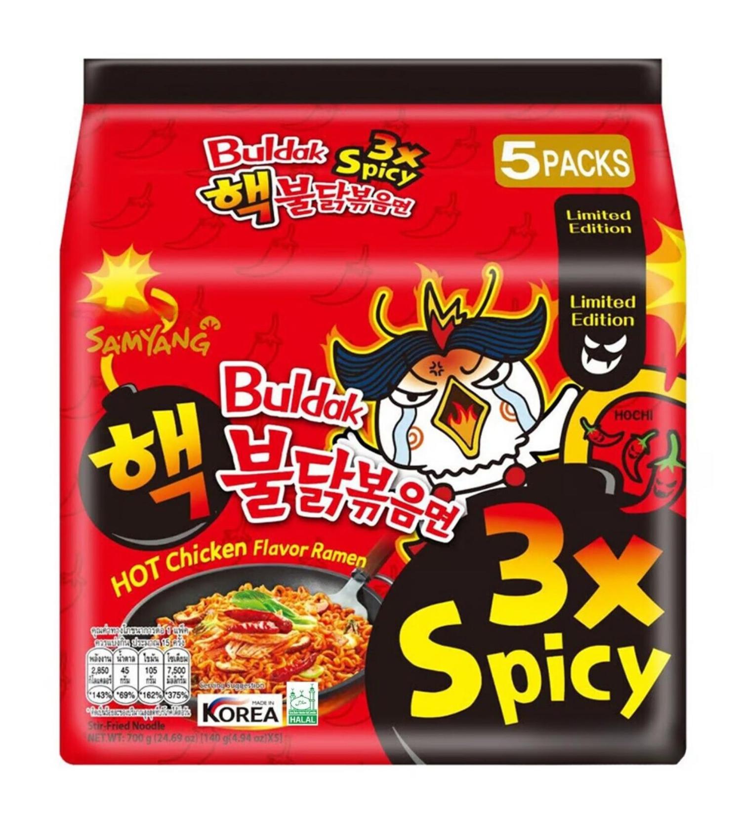 Samyang Hot Chicken Flavour Buldak Ramen Noodles Spicy Hot Triple (3x Spicy) Stir Fried Korean Ramyun 140g (Pack of 5) - Buy Online on GoSupps.com