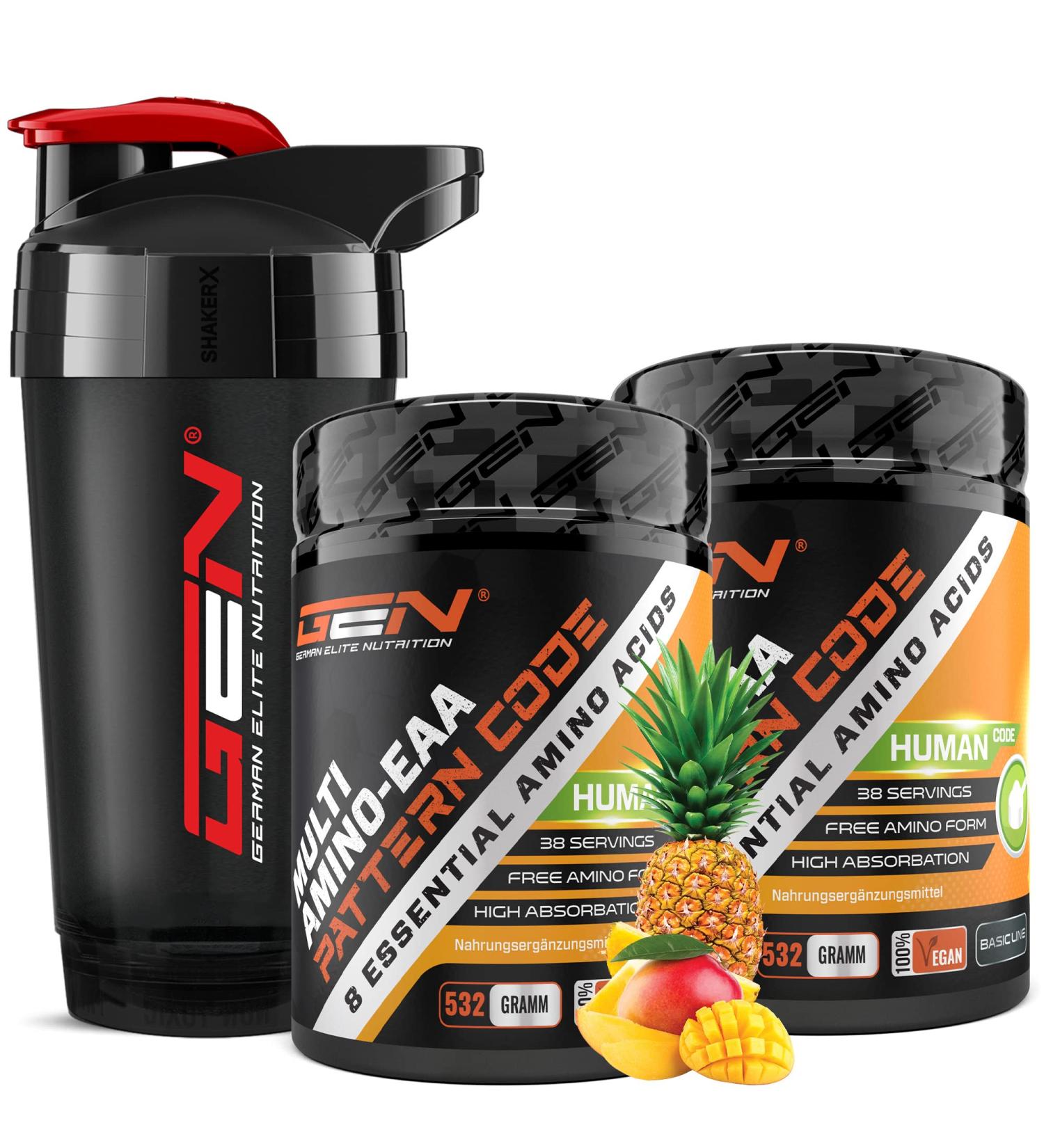 Shop 2x EAA Powder Mango Ananas + Premium Shaker - All 8 Essential Amino Acids - Vegan Amino Workout Drink - Delicious Taste - Human Code Formula (2 Pack 532g Each) - Buy Online on GoSupps.com