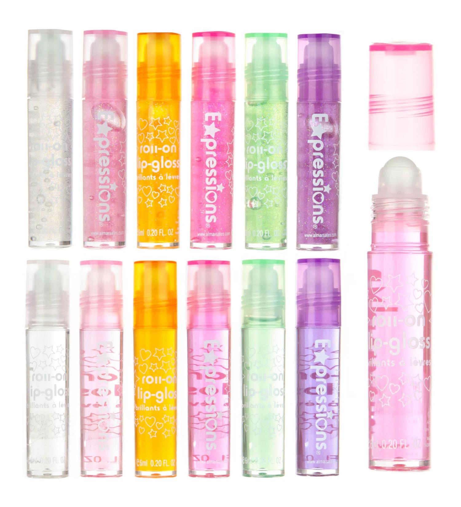 Expressions 12pc Glitter Roll On Lip Gloss Set for Kids and Teens - Assorted Fruit Flavored Glossy Lip Moisturizer with Hydrating Lip Oil - Non Toxic Makeup in Pouch with Marabou Handle - Buy Online on GoSupps.com