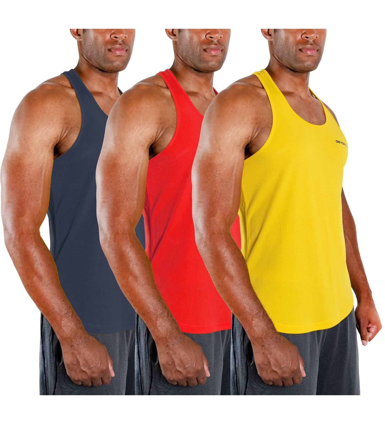 DEVOPS Men's Y-Back Dri Fit Muscle Gym Tank Top 3 Pack - Large (Charcoal/Red/Yellow) - Buy Online on GoSupps.com