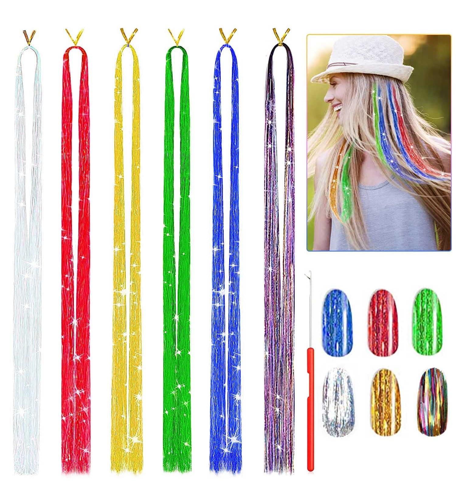 47 Inches Hair Tinsel Kit: 1200 Strands in 6 Colors - Sparkling Shiny Extensions for Colorful Glitter Hair - Includes Tools - Buy Online on GoSupps.com