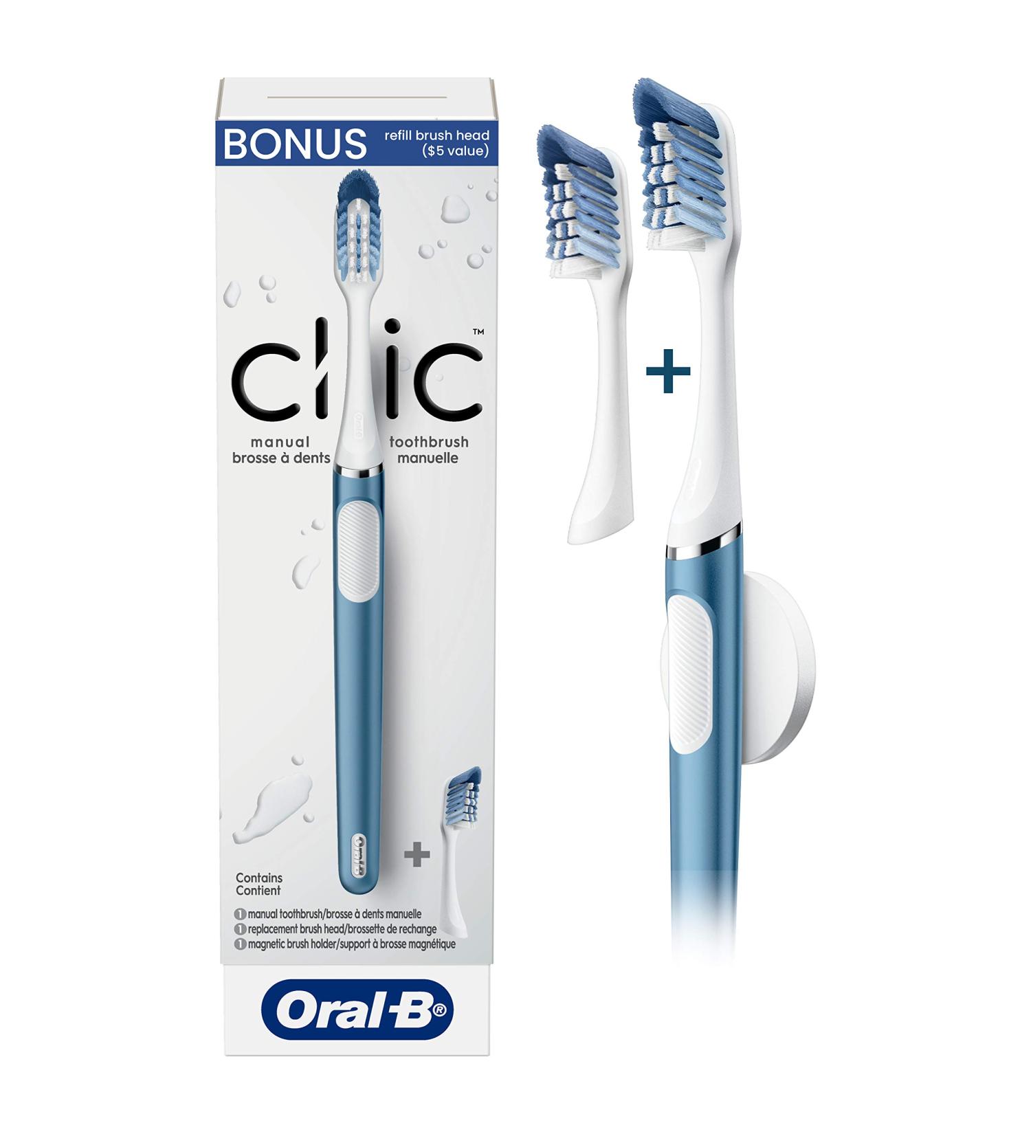 Oral-B Clic Manual Toothbrush with 2 Replaceable Heads, Magnetic Mount - Alaska Blue | 1 Count - Buy Online on GoSupps.com