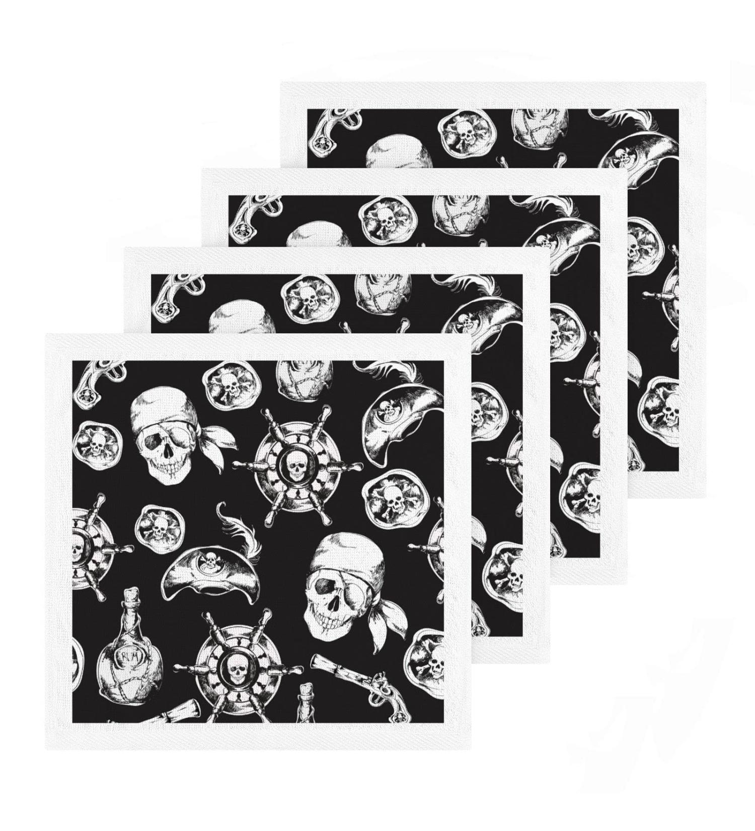 Pirate Skull Cotton Towels Set - 4 Pack 12'' x 12'' - Soft & Absorbent for Bath, Fitness, Sports & Yoga - Buy Online on GoSupps.com