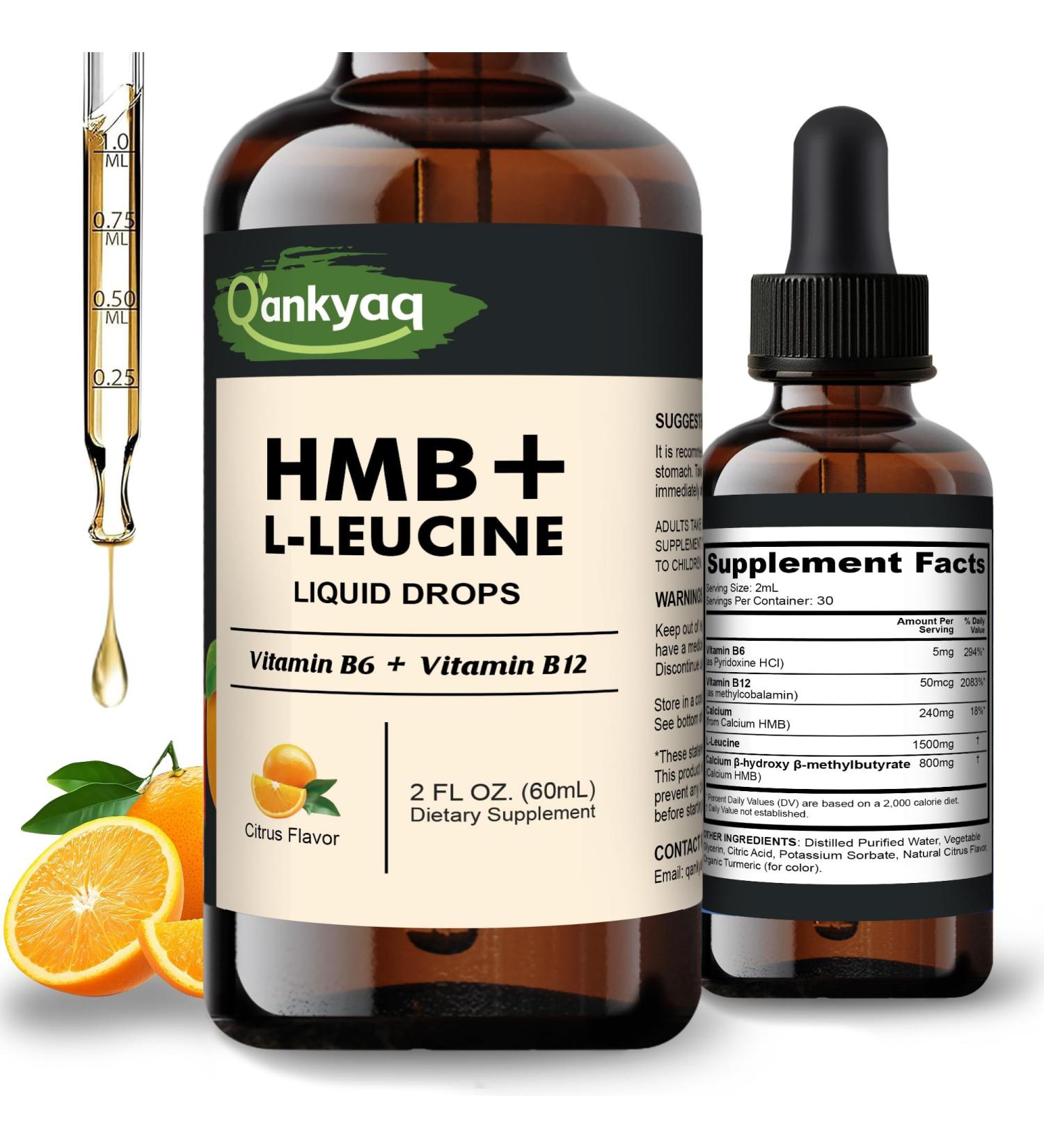 Q'ankyaq Leucine HMB Liquid Supplements Sugar Free HMB L-Leucine Liquid Drops for Adults Seniors Leucine Amino Acids Supplement Muscle Support & Workout Recovery High Absorption Vegan 2 Fl Oz - Buy Online on GoSupps.com