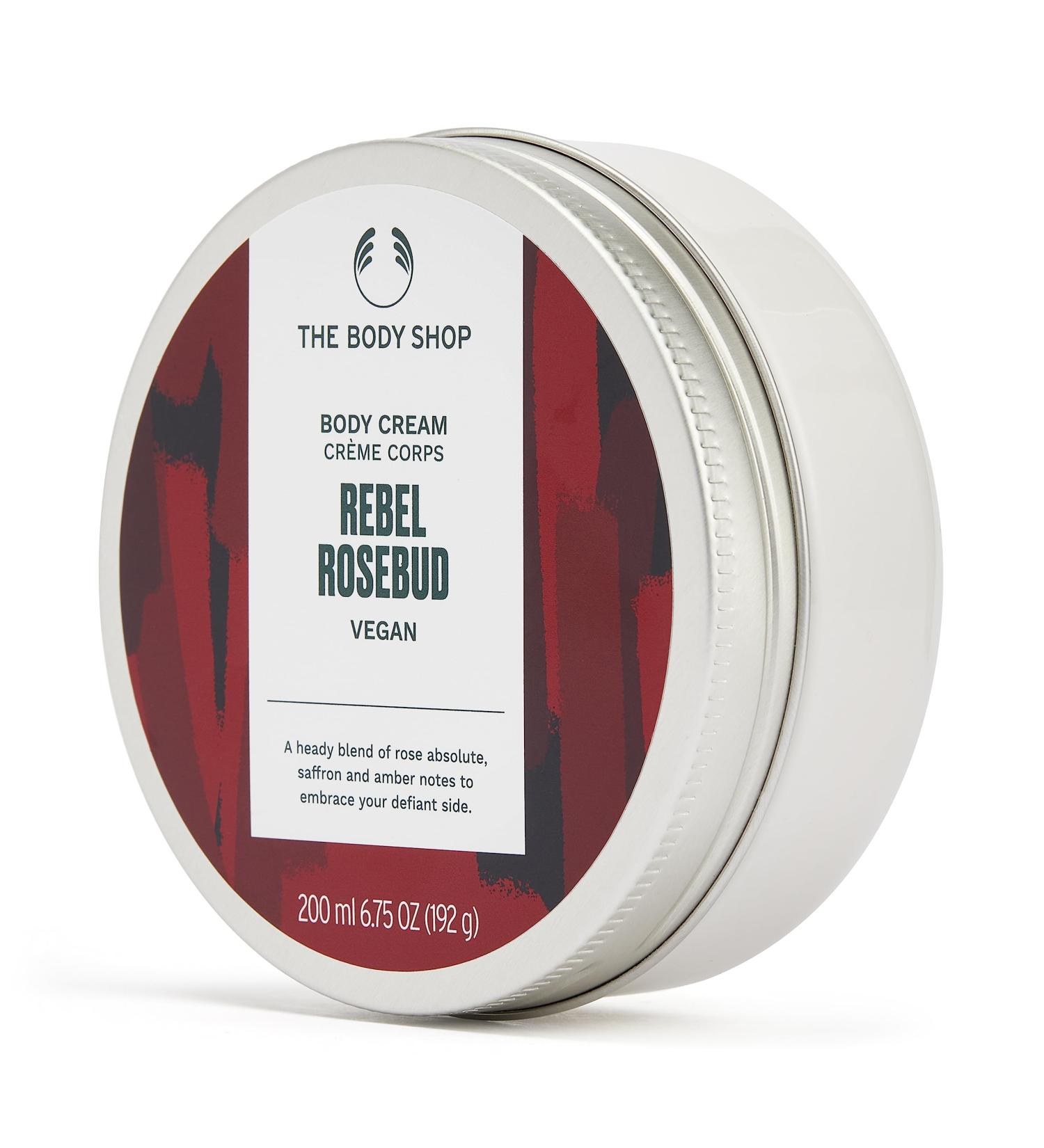 The body shop rebel rosebud vegan body cream nourishing balm for all skin types non -stick moisturizing 96 % natural ingredients shea butter rose scent 200 ml