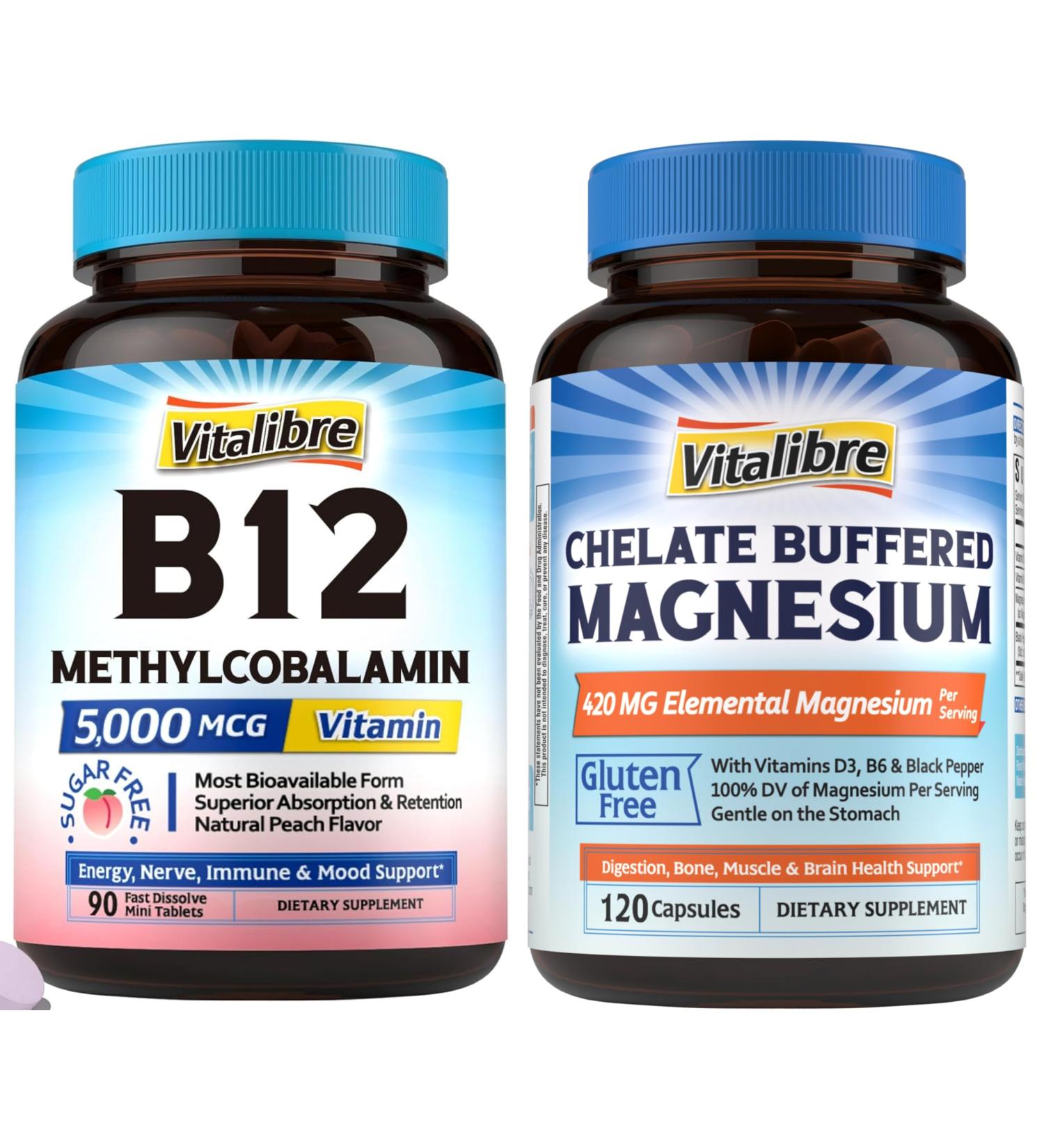 Vitalibre Vitamin B12 Sublingual 5000 mcg 90 Tablets Magnesium Citrate 420mg with Vitamin D3 & B6 120 Capsules - Buy Online on GoSupps.com