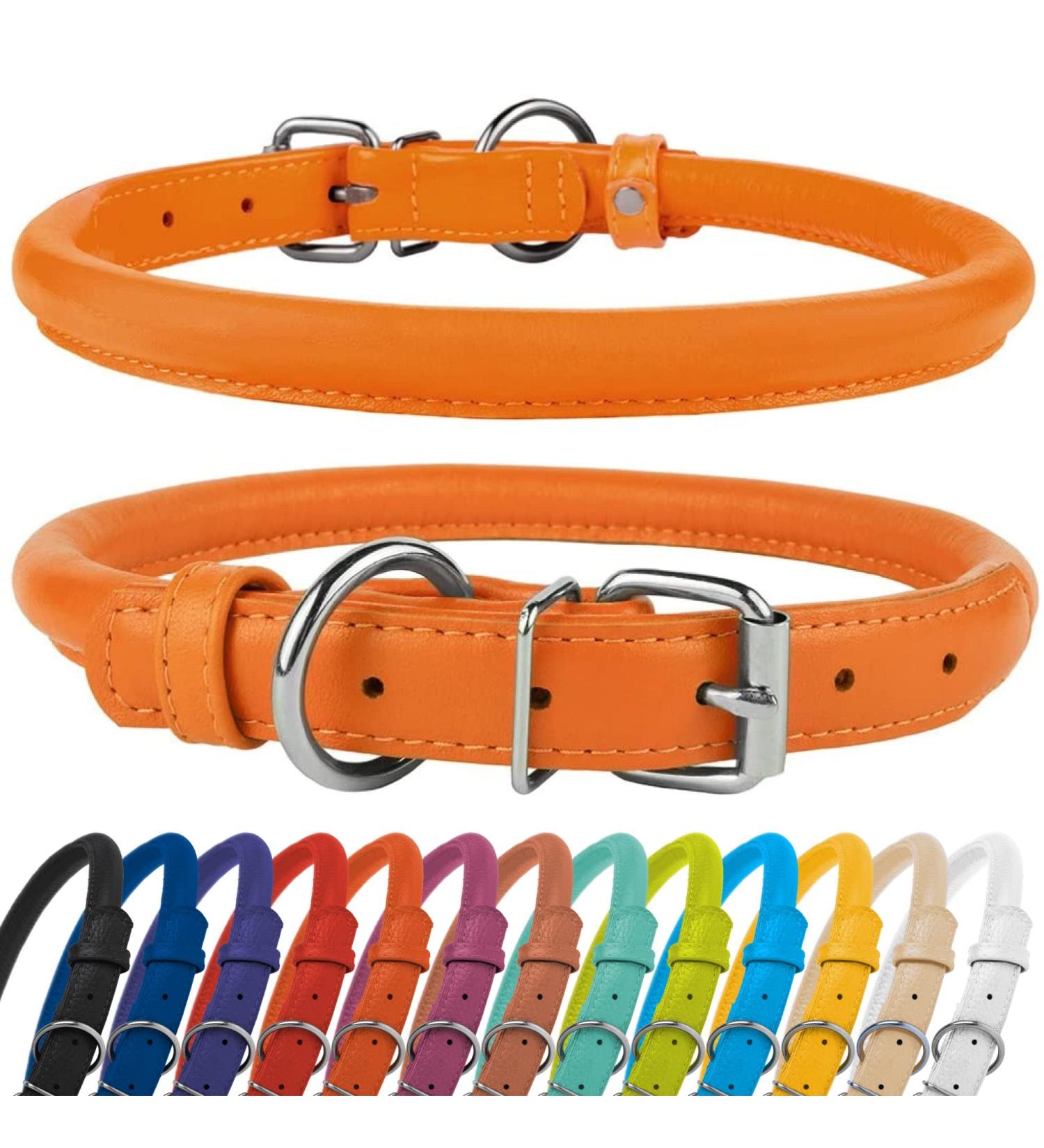 Collardirect Handmade Softly Padded Round Leather Dog Collar - Real Leather for Small & Big Dogs Puppies & Cats - Available in Black Pink Red Purple Blue Orange (40-45 cm) - Buy Online on GoSupps.com