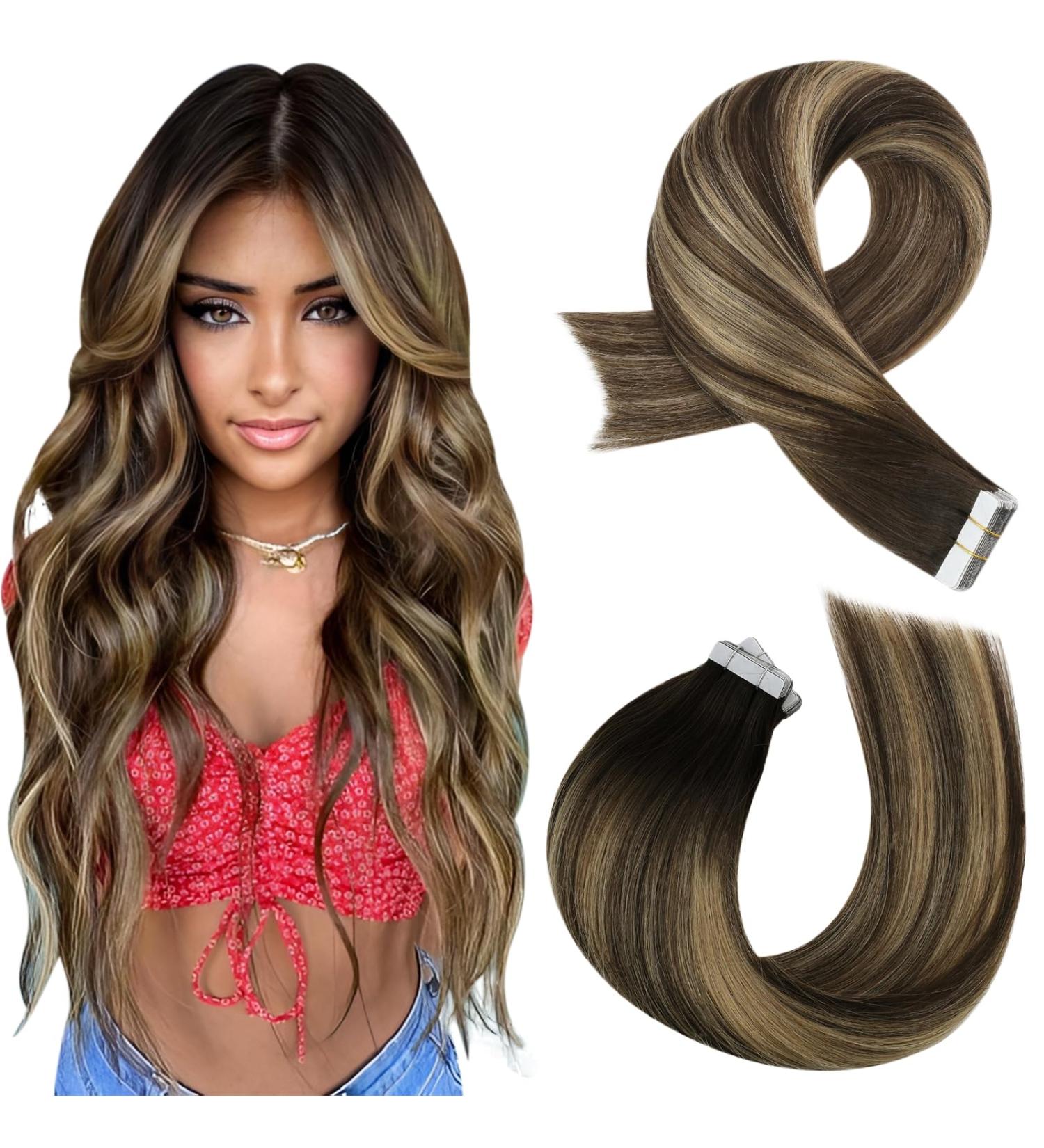 Moresoo Balayage Tape in Hair Extensions Dark Brown/Caramel Blonde 12 Inch #4/27/4 - 20 Pieces/30g Real Human Hair Extensions - Buy Online on GoSupps.com