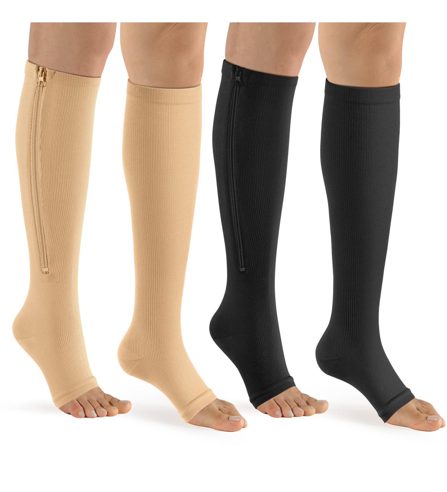 Bropite Zipper Compression Socks - 2 Pairs Open Toe Calf Knee High 15-20mmHg for Walking Running | Large-X-Large | Black/Nude - Buy Online on GoSupps.com