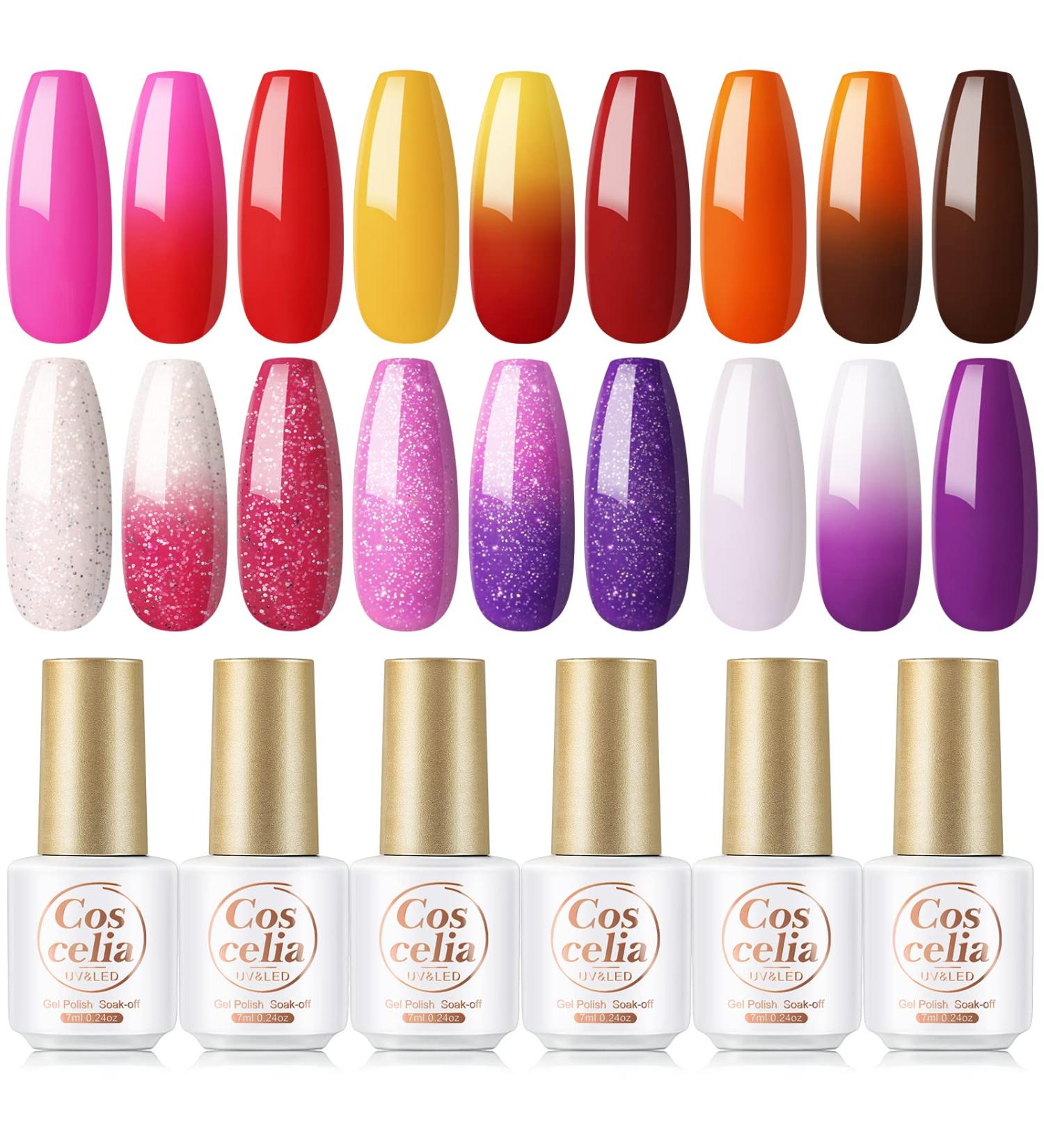 COSCELIA Color Changing Gel Nail Polish Set - 6 Color Temperature Changing Gel Polish for DIY Nail Art - Long Lasting Soak Off LED Nail Gel - Pink, Purple, Orange - 7ml/0.24 Fl Oz (Pack of 6) - Buy Online on GoSupps.com