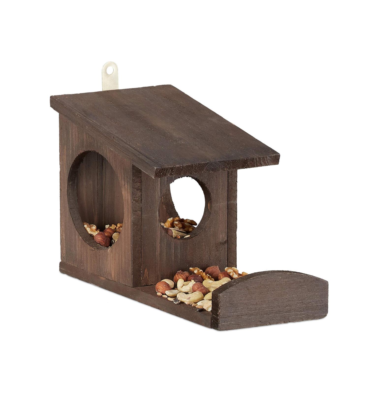 Relaxdays Squirrel Feeder House Feeding Station Box Hanging Wooden HWD: 17.5 x 14 x 25 cm Dark Brown Fir Wood Pack of 1 - Buy Online on GoSupps.com