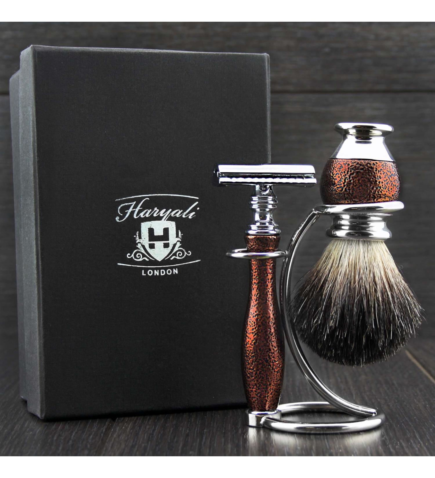 Men's Maroon Shaving Set - DE Safety Razor & Black Badger Hair Brush with Dual Stand for Razor & Brush | International Shipping Available - Buy Online on GoSupps.com