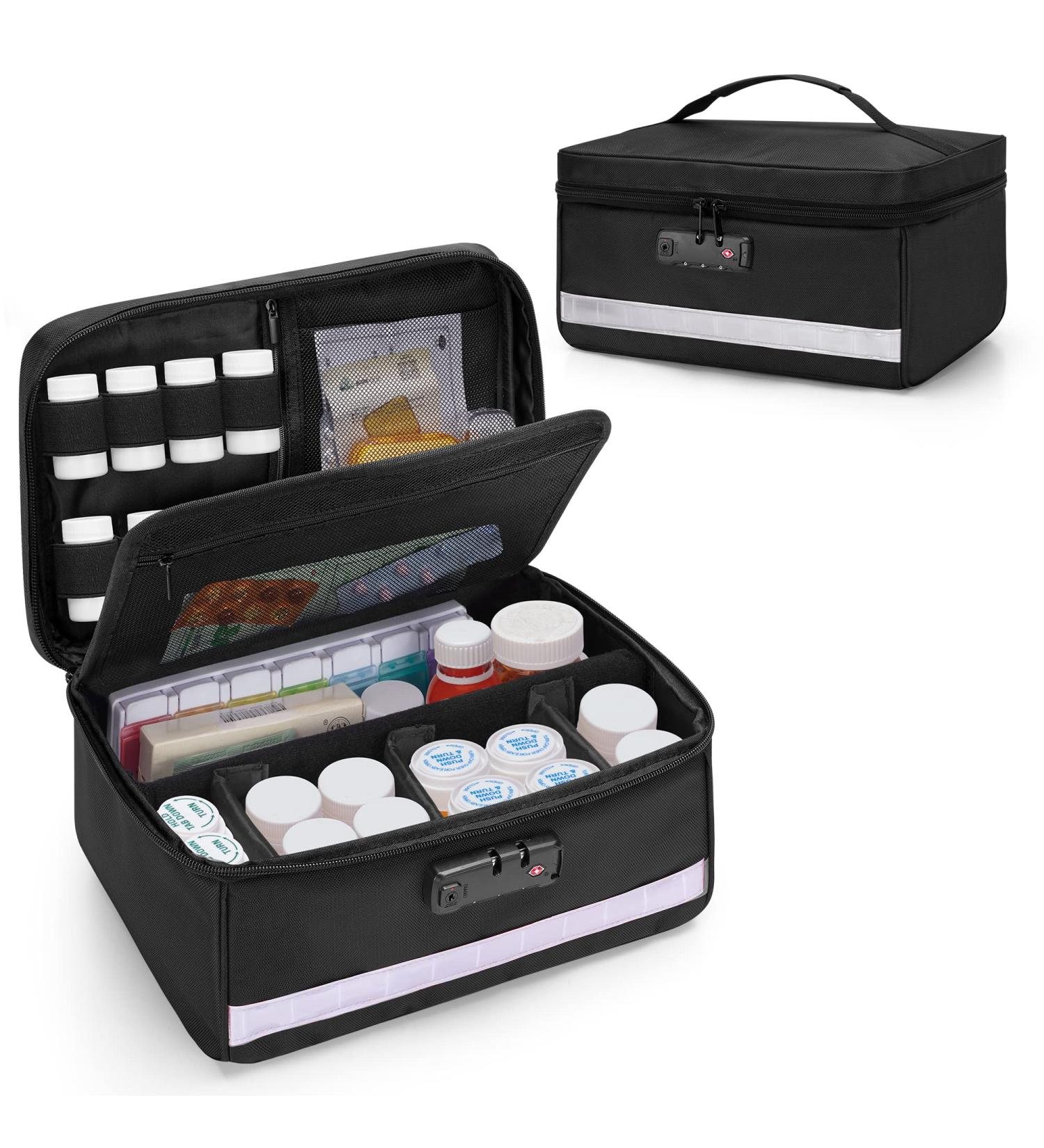 Damero Locking Pill Bottle Organizer - Secure Medicine Storage & Organizer Bag with Inner Dividers for Vitamins & Medical Supplies - Black - Buy Online on GoSupps.com