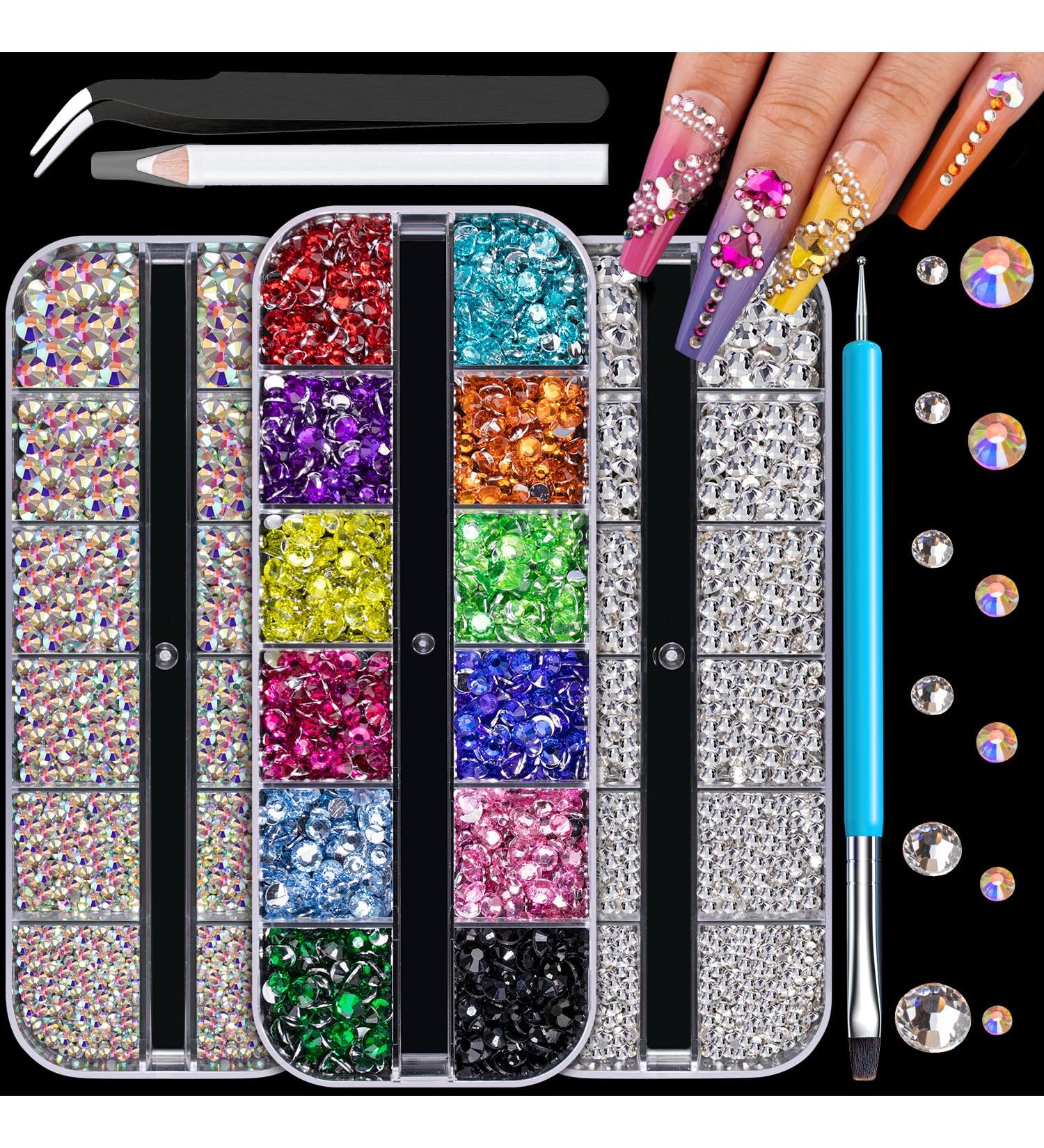 Premium Rhinestones for Nails - AB & Clear Flatback Glass Crystals Colorful Resin Beads | 2-5mm Round Gems for Salon & DIY Nail Art - Pickup & Dotting Tools Included - Buy Online on GoSupps.com