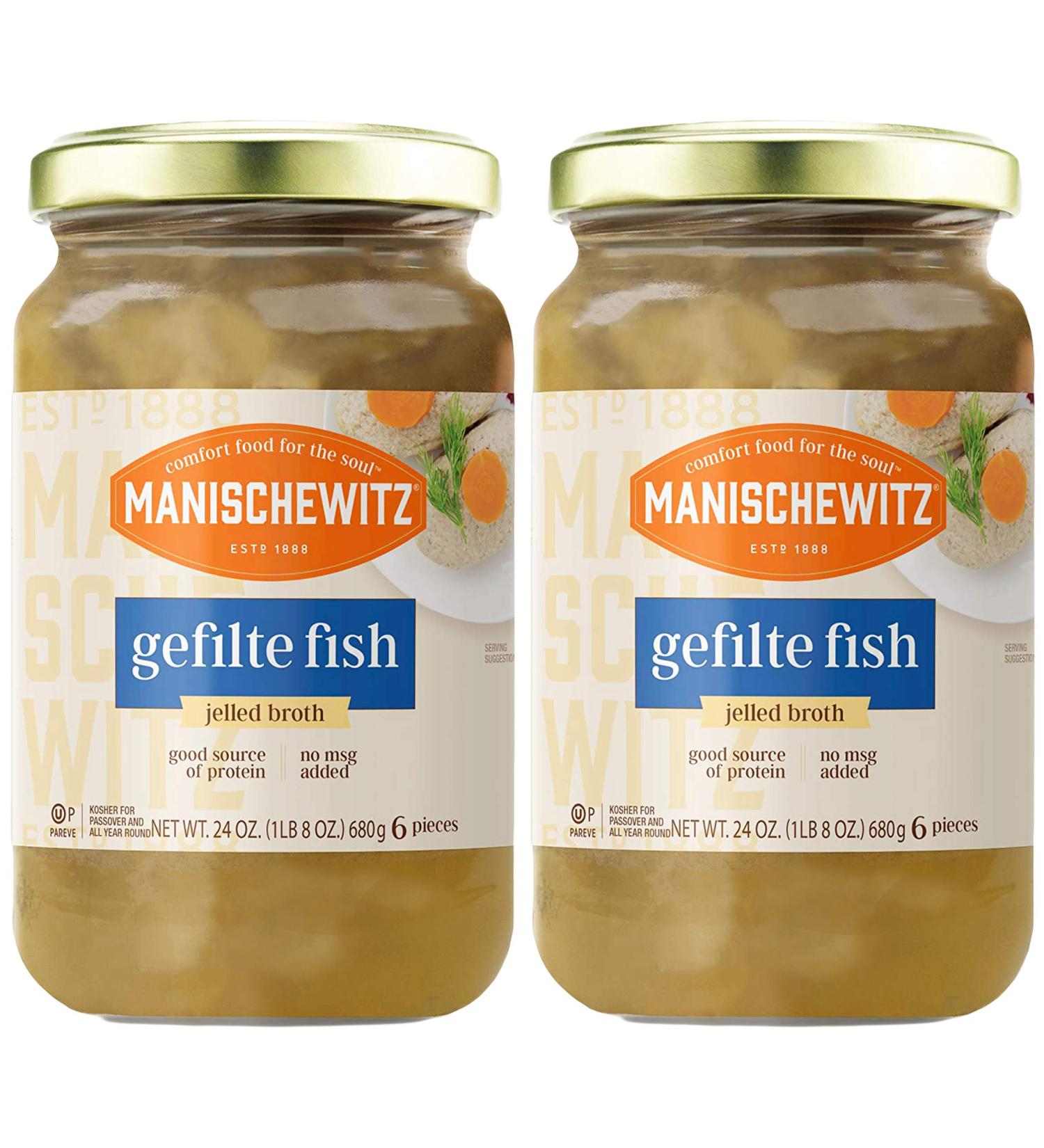 Manischewitz Gefilte Fish in Jelled Broth 24oz (2 Pack), Packed with Protein, No Added MSG, Kosher for Passover