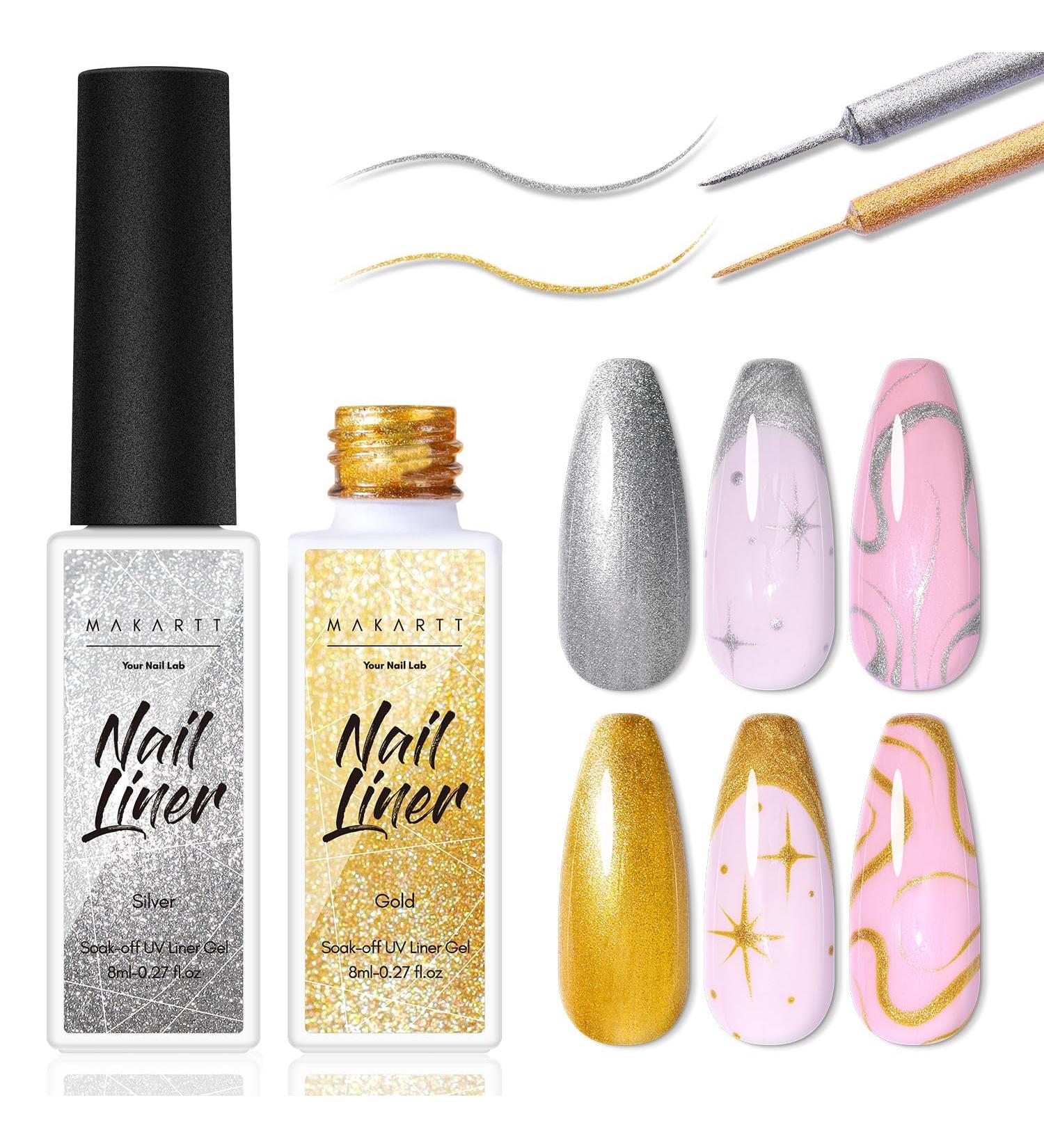 Makartt Painting Nail Gel Liner Polish Set Glitter Silver Gold Gel Liner Nail Polish Drawing Metallic Nail Gel with Build in Thin Brush Glossy Chrome Gel Soak Off UV/LED Nail Art Manicure Set - Buy Online on GoSupps.com
