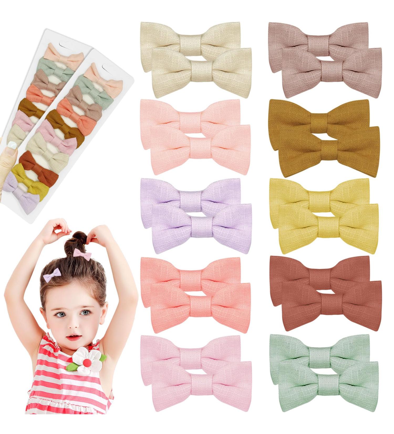 20Pcs Handmade Baby Hair Clips - Anti-Skid Crocodile Clips with Cotton Linen Bows for Girls | Toddler & Kids Hair Accessories in 10 Color Pairs - Buy Online on GoSupps.com
