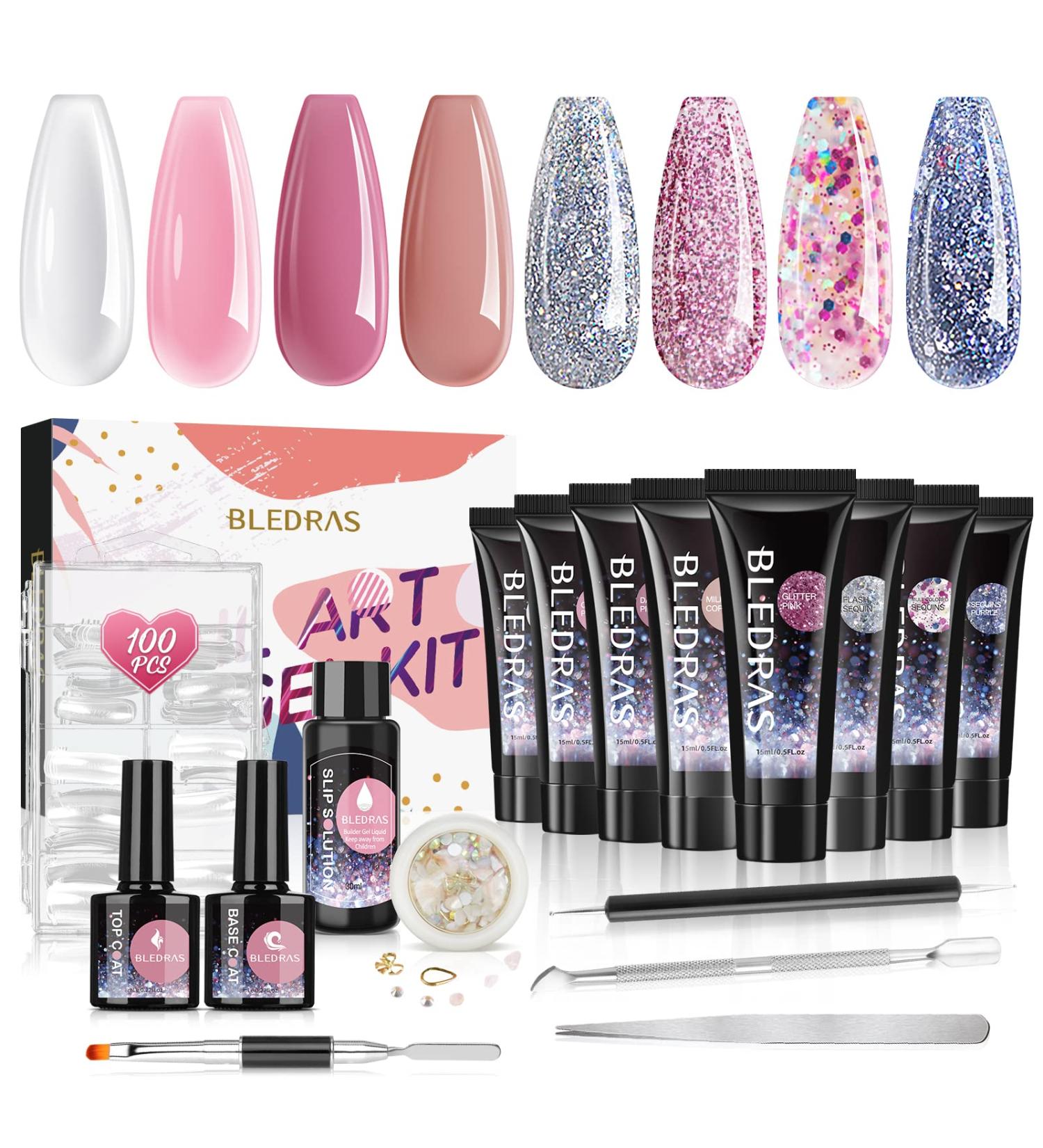 8 Colors Nail Gel Set - Bledras Nail Extension Kit with Top & Base Coat Slip Solution Nail Decorations - Perfect Gel Nail Starter Set for Beginners & Gifts for Women - Buy Online on GoSupps.com