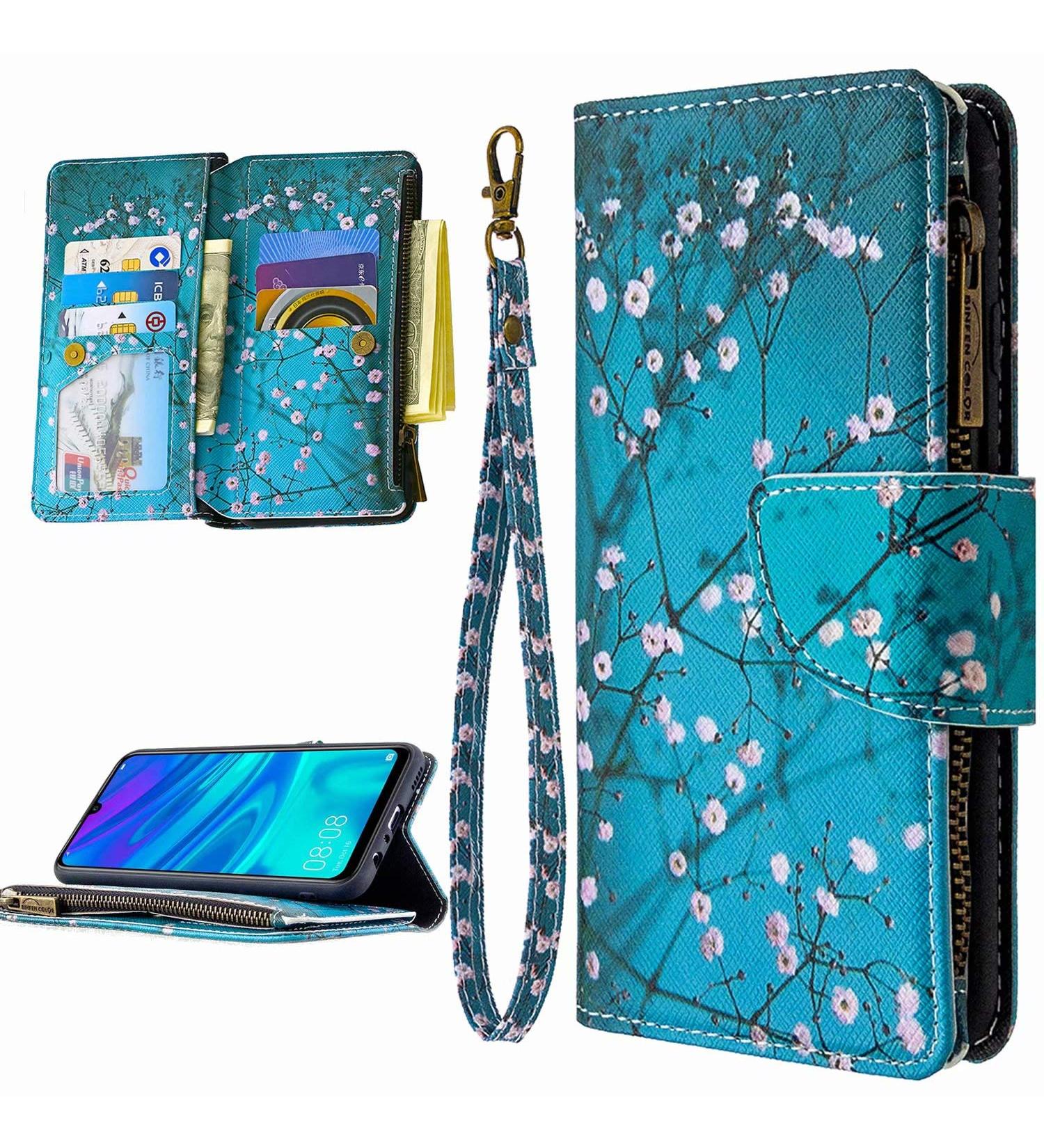 Miago 9 Card Slots Leather Cover for Huawei Y6 2019 | Colorful Zip Flip Wallet Case | Blue Flower PU Leather Protective Case - Buy Online on GoSupps.com