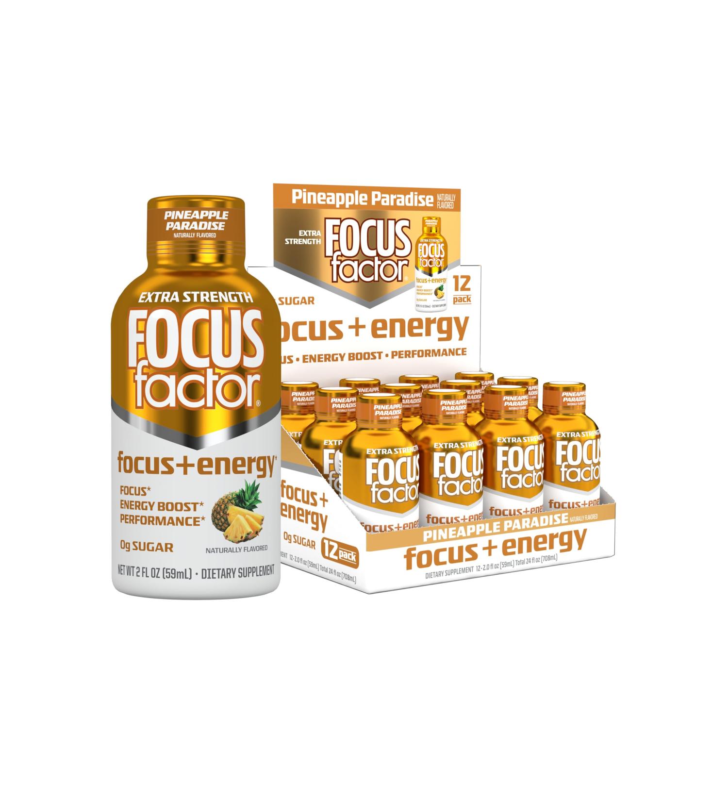 Focus Factor Extra Strength Focus + Energy Shots - 12 x 2oz Bottles (Pineapple Paradise Flavor) - Powered by Nootropics with Caffeine, L-Theanine, Ginkgo, Bacopa, L-Tyrosine, Alpha GPC - Buy Online on GoSupps.com