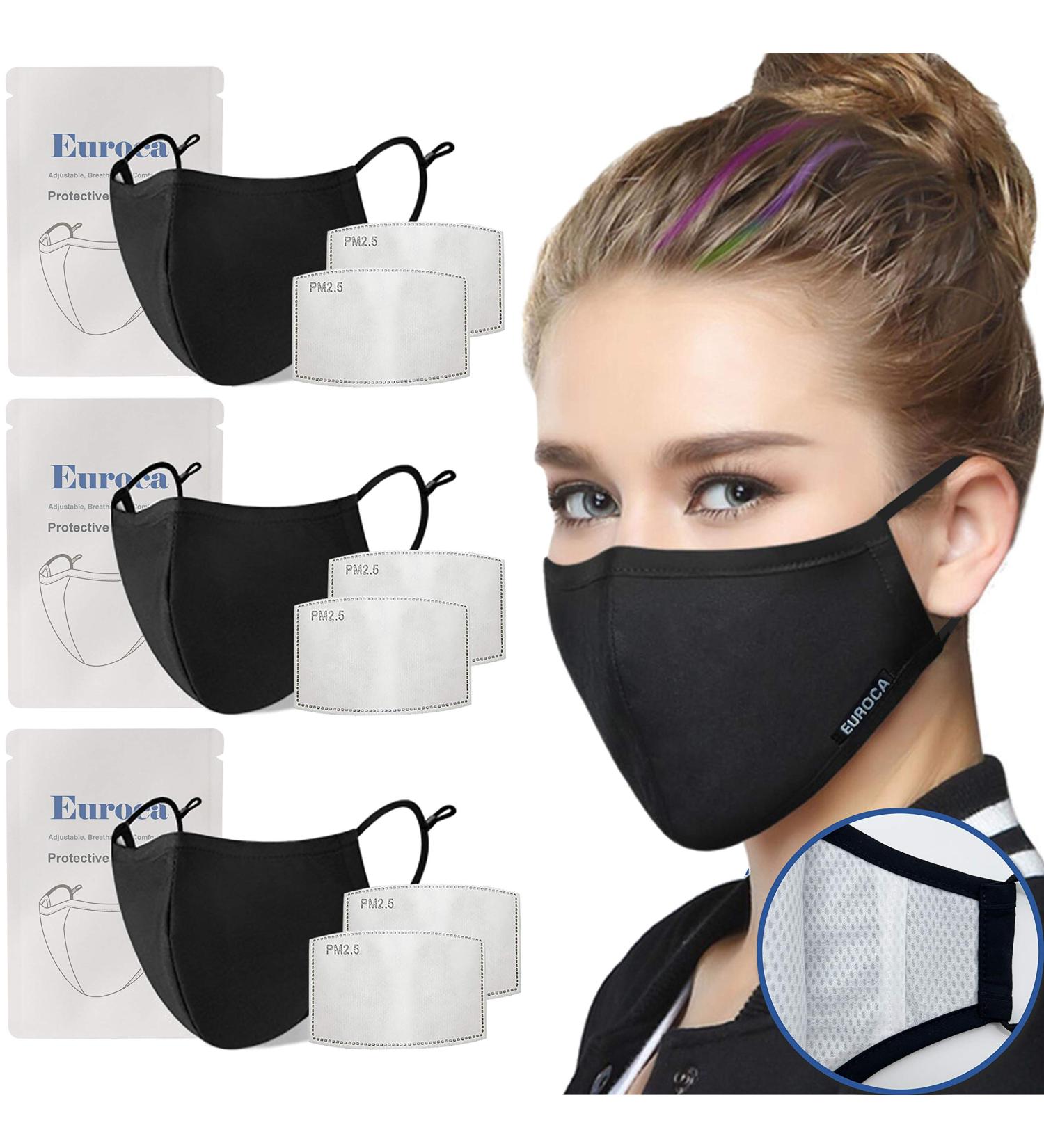 Euroca - Cloth Face Mask 3 Layers Cotton Face Masks Face Masks Reusable & Washable Face Mask With Filter Sheets (PM2.5) 3 Pack Woman Black Upgraded - Buy Online on GoSupps.com