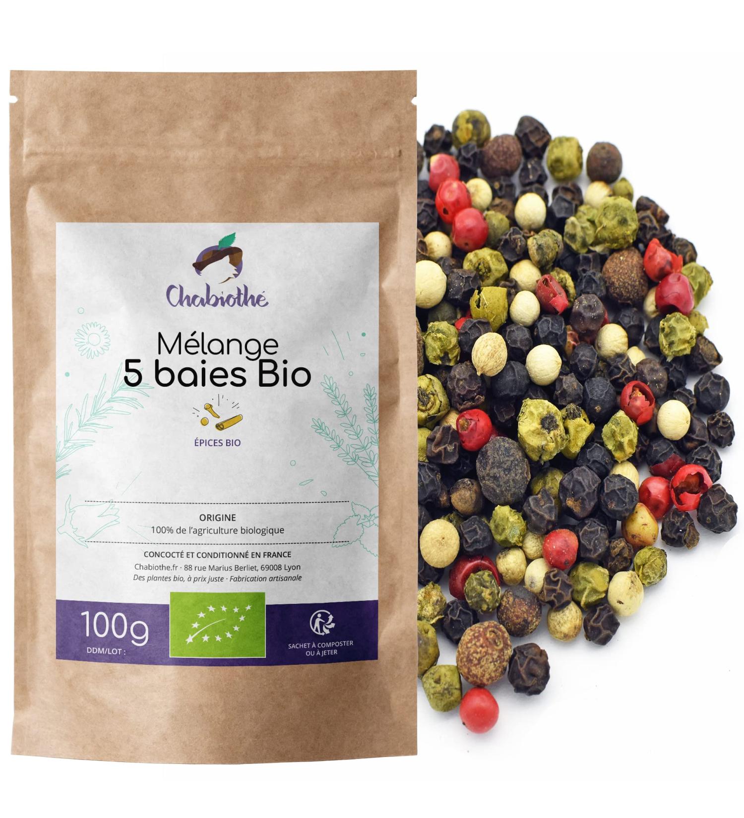 Chabioth - Poivre 5 Baies m lange Bio 100g - m lang et conditionn en France - Buy Online on GoSupps.com