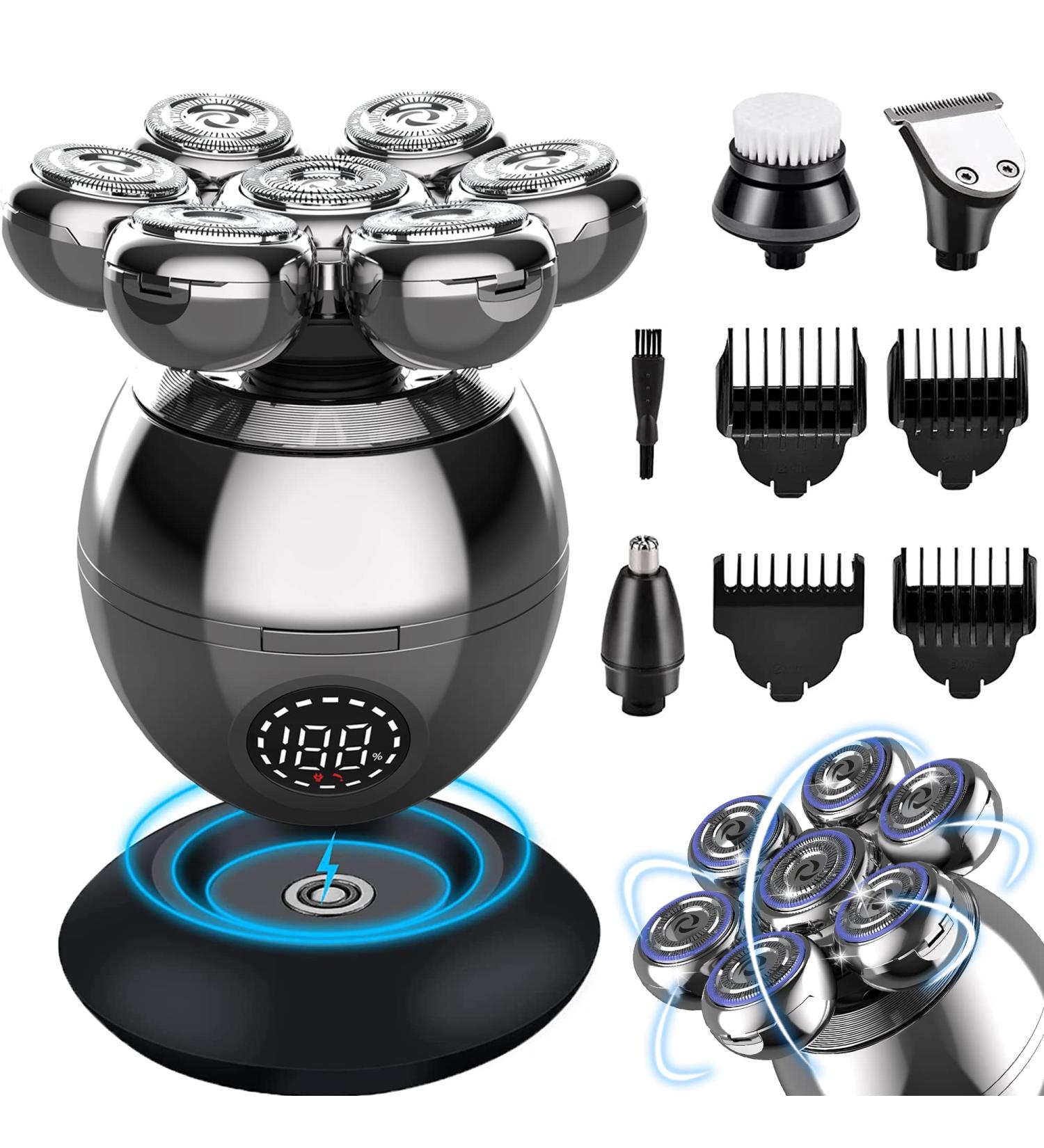 5-in-1 Electric Head Shaver for Bald Men - Rotary Design Head Shavers Kit with Clippers, Nose Trimmer, Brush, Massager - Cordless and Rechargeable Silver - Buy Online on GoSupps.com