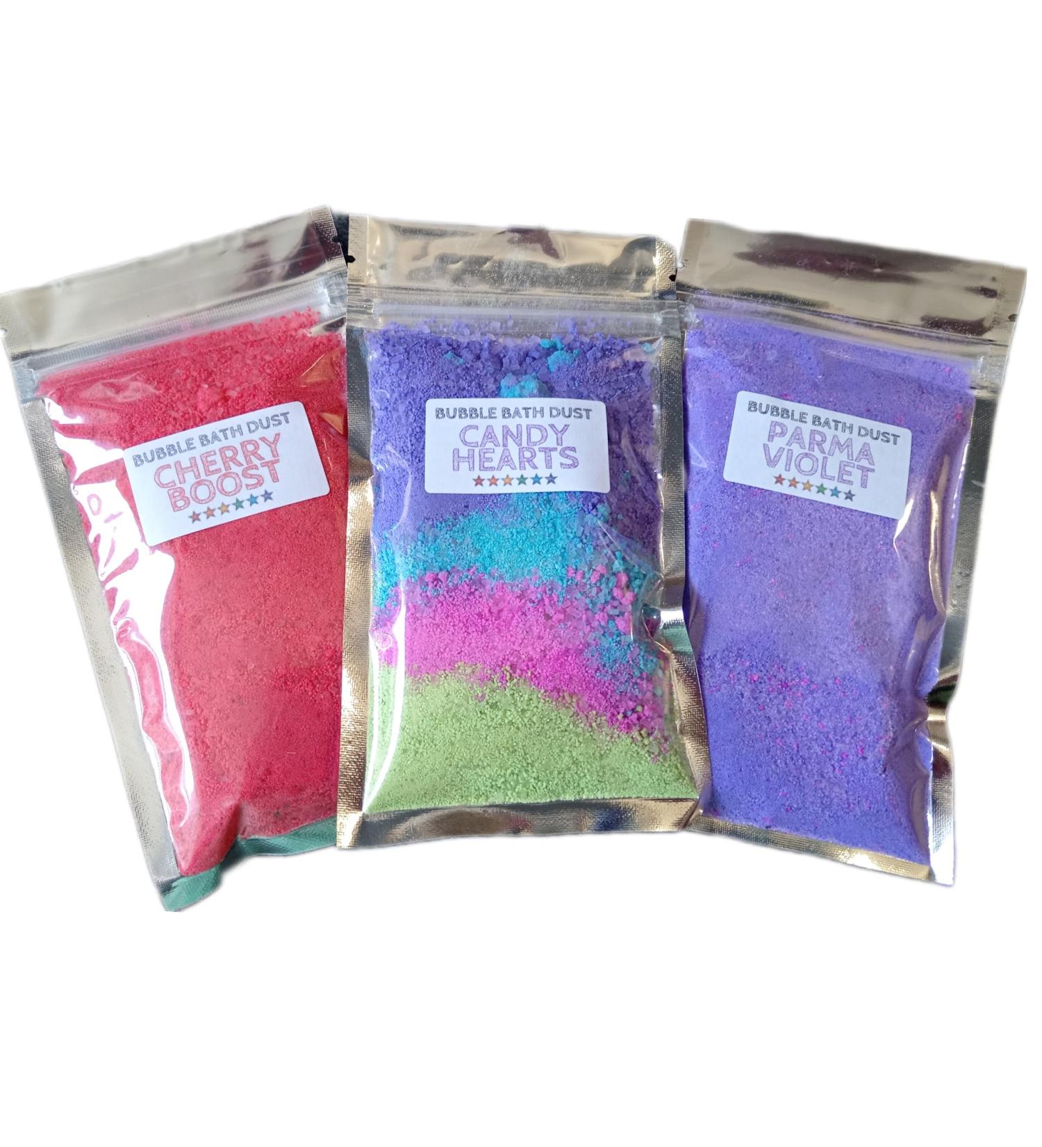 Set of 3 Bubble Bath Dust - Sweet Scents Cherry Boost Parma Violet Candy Hearts (Bath Bomb Dust with Lasting Bubbles) Contains Epsom Salts (Sweet) - Buy Online on GoSupps.com