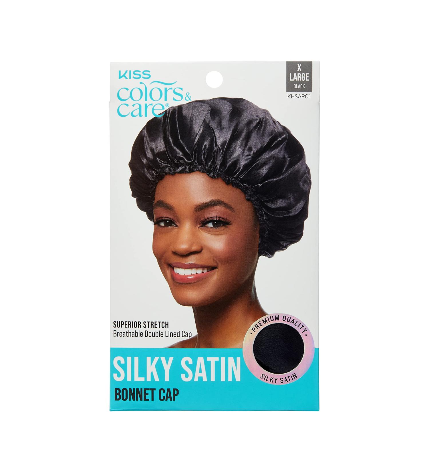KISS COLORS & CARE Silky Satin XL Bonnet Cap - Protective & Gentle Fabric - Slip-Free Elastic Band - Breathable & Stylish Sleep Cap - Black - Buy Online on GoSupps.com