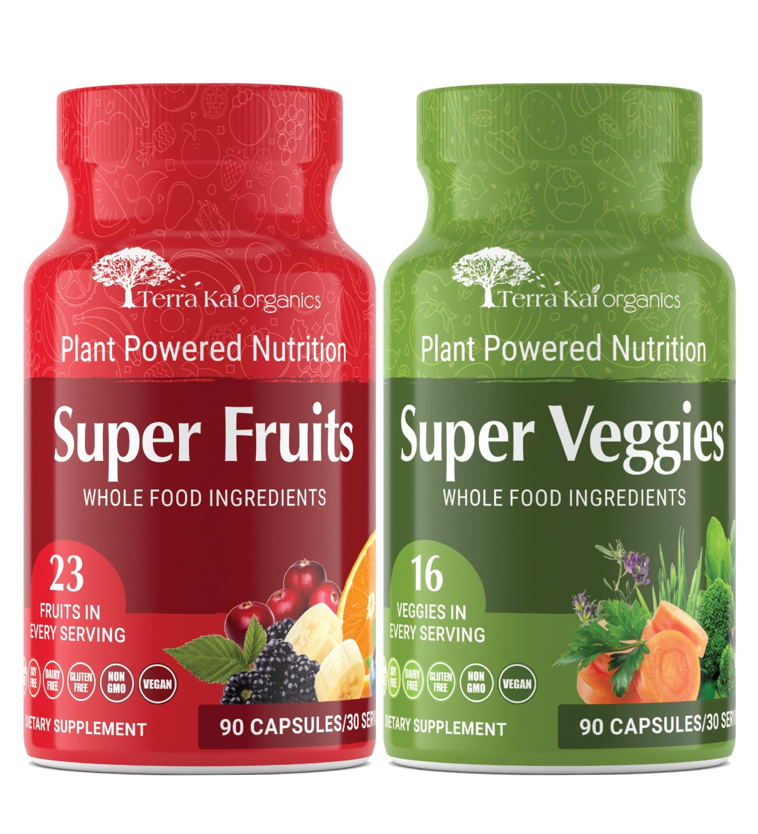 Terra Kai Organics Organic Super Fruits and Veggies Supplement | Reds and Greens Superfood Capsules | 23 Fruits & 16 Vegetables | Non GMO, Gluten/Gelatin/Soy Free, Vegan (180 Count) - Buy Online on GoSupps.com